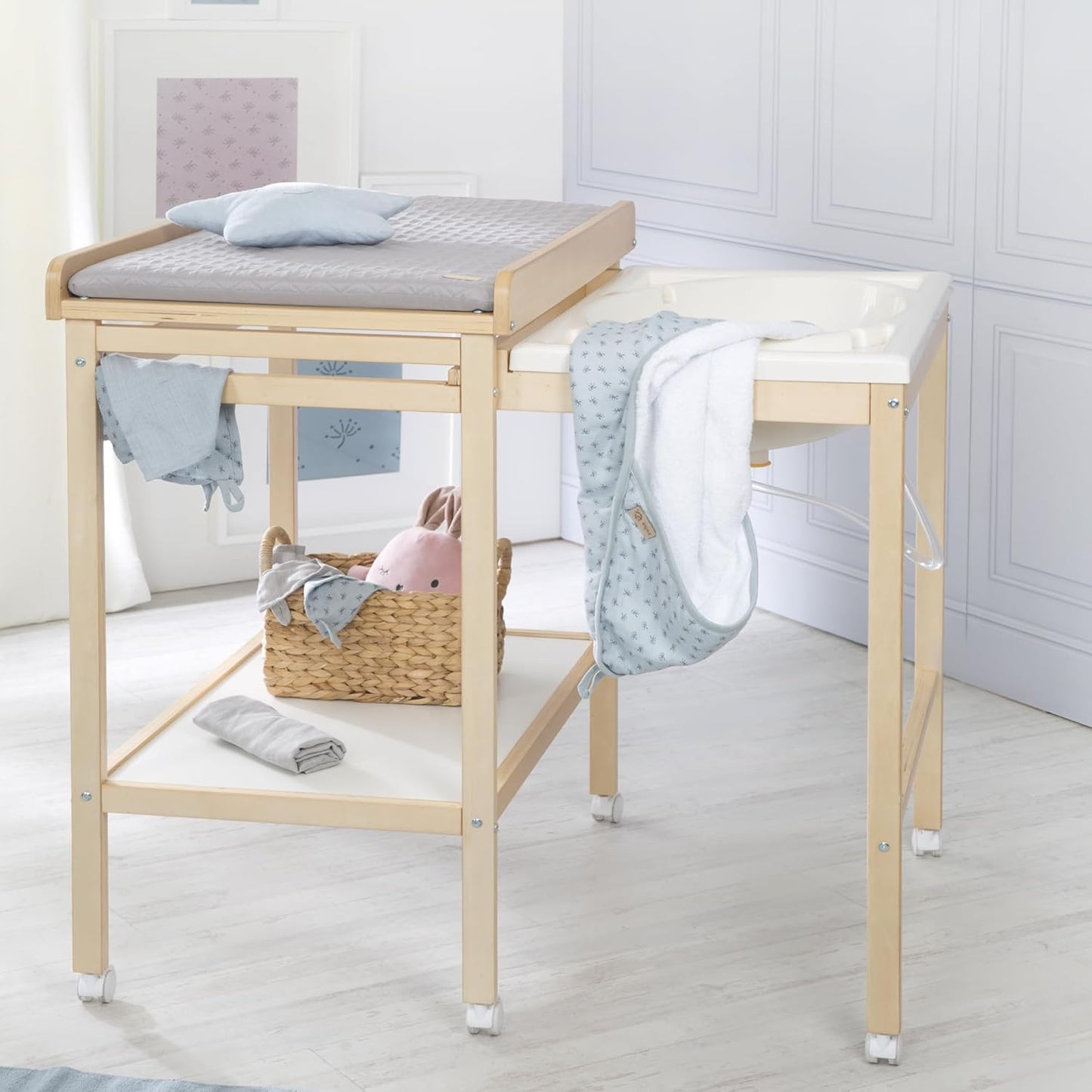 Bade-Wickel-Kombination mit Badewanne, Natur / Style grau - Ausziehbar