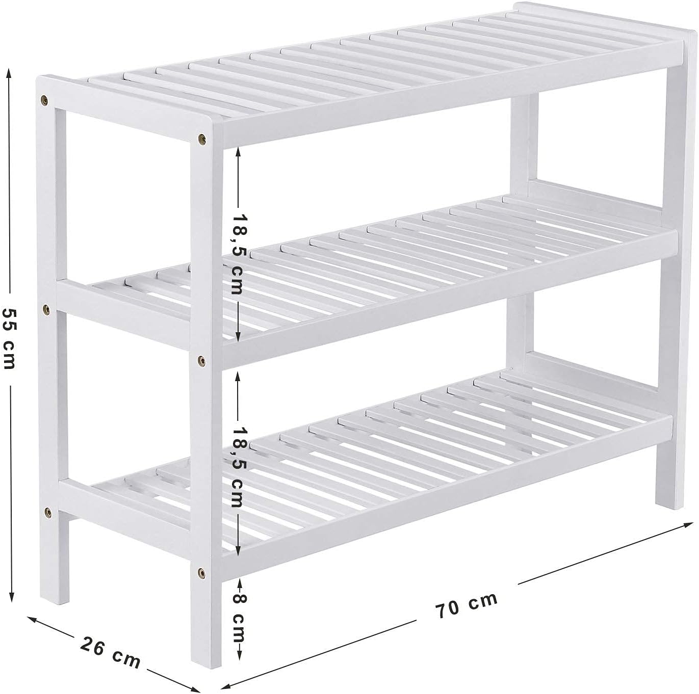 Bambus Schuhregal mit 3 Ebenen (26x70x55 cm), Weiss 3 Ebenen