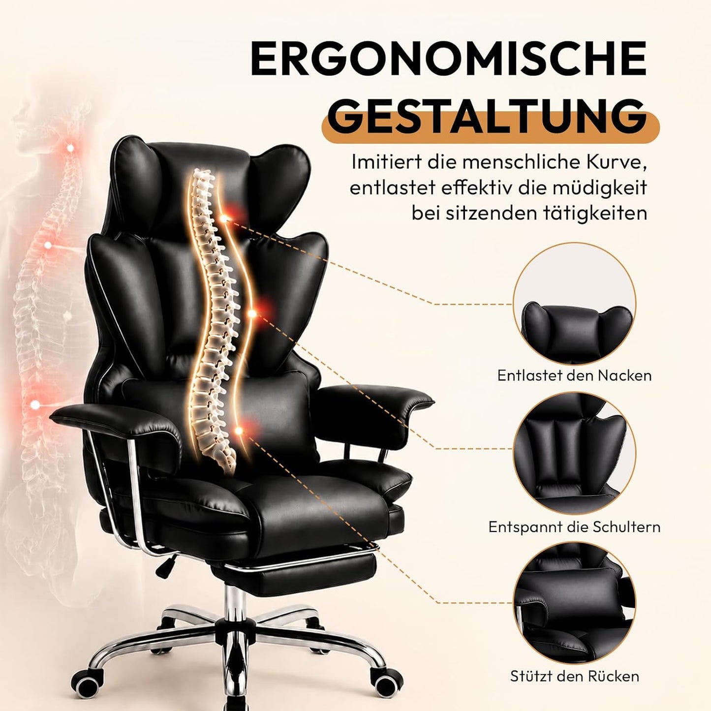 Ergonomischer Bürostuhl mit verstellbarer Lendenstütze, Schwarz