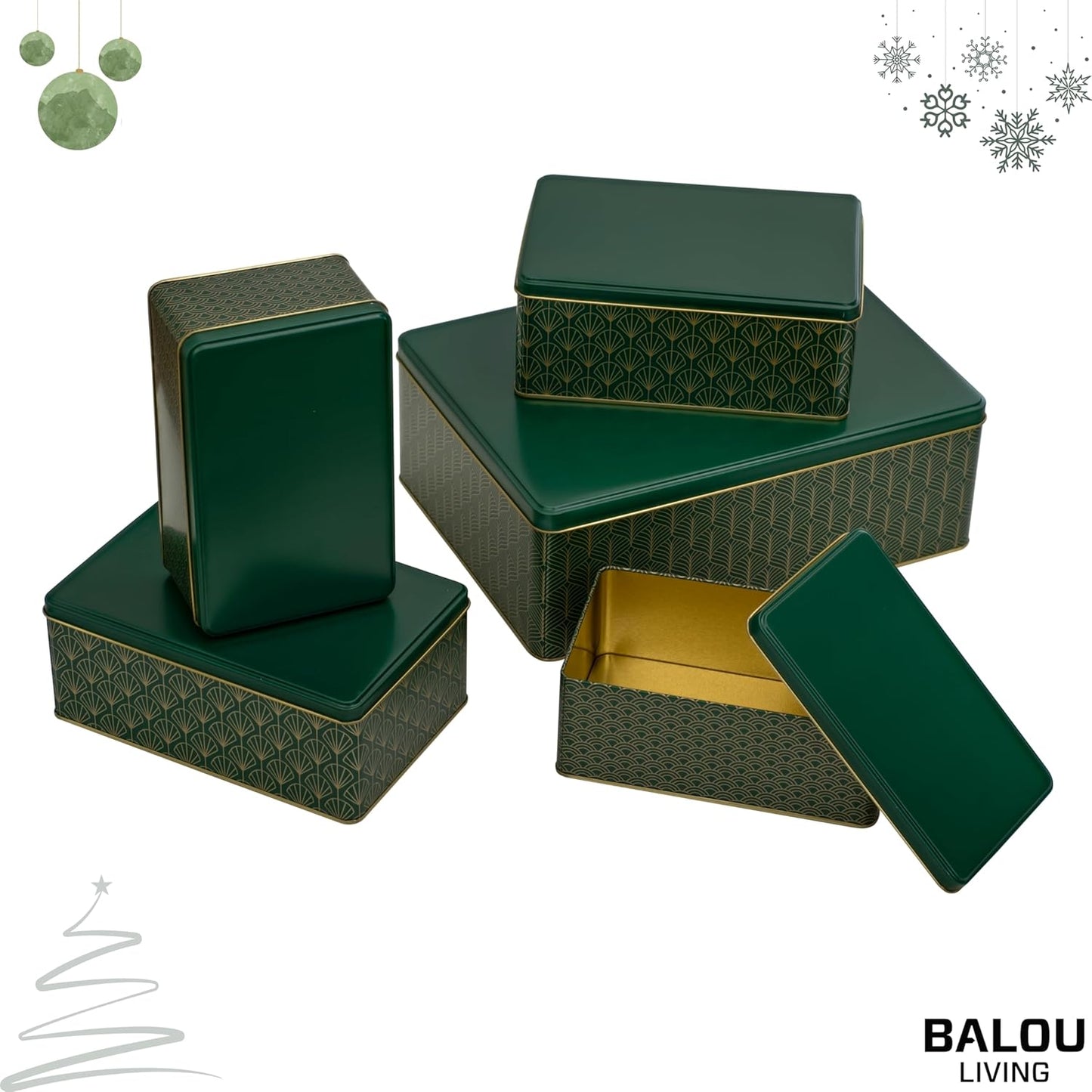 5er-Set Weihnachtskeksdosen, Pattern, Grün