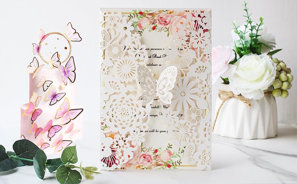 Hochzeit Einladungskarten mit Schmetterling, Spitze und Umschlägen, 20 Stück Leeres Papier Elfenbein