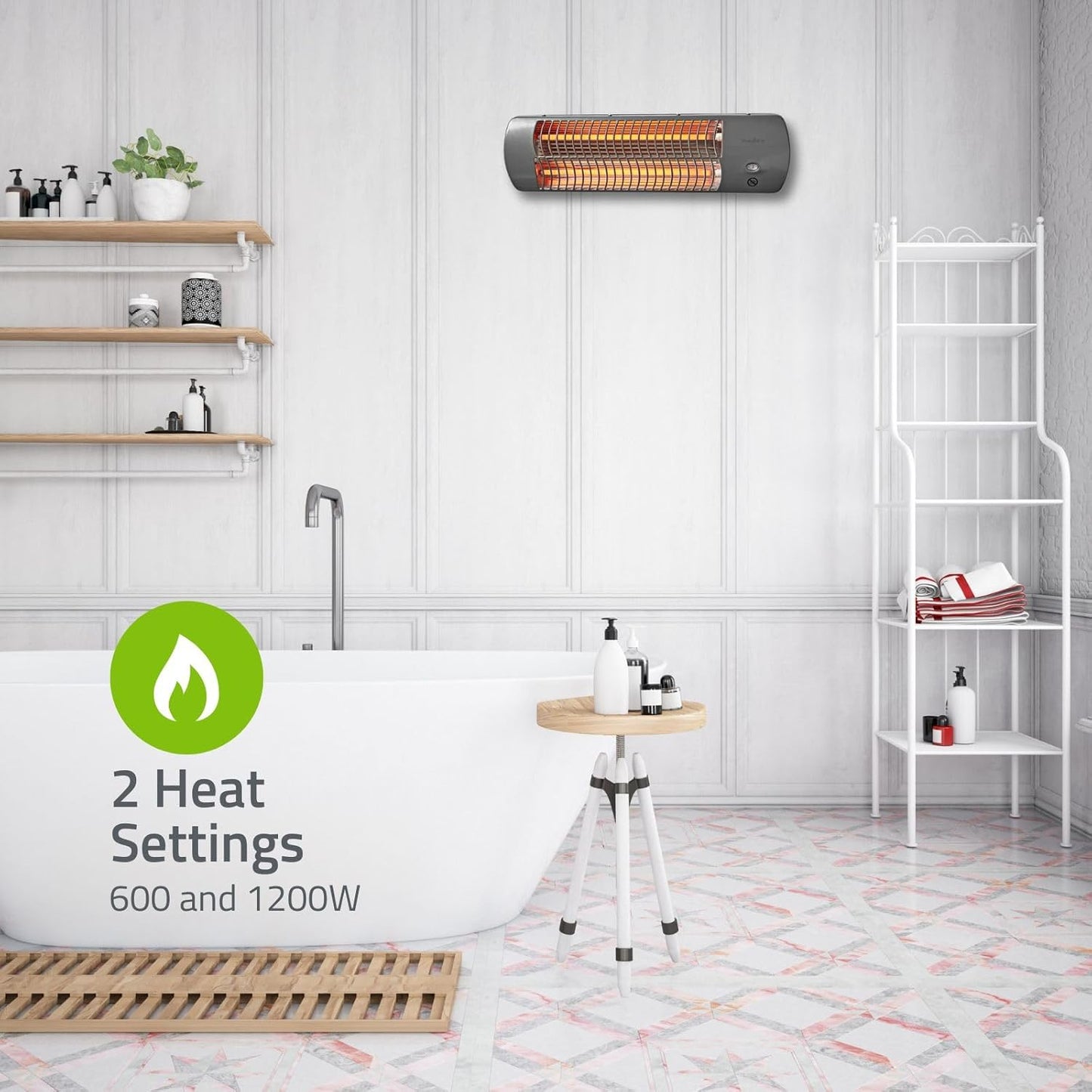 Badezimmer-Heizung HTBA10GY mit verstellbarem Thermostat, 1200 Watt