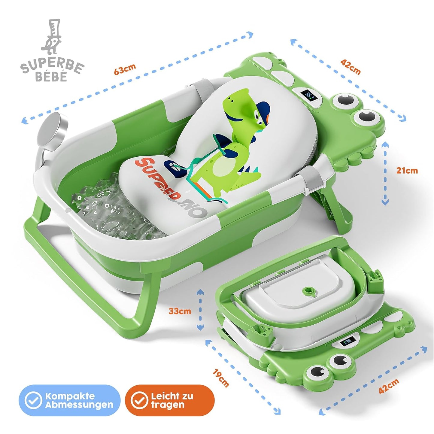 Faltbare Babywanne mit Badethermometer & Sitz, 2 x faltbar APFELGRÜN