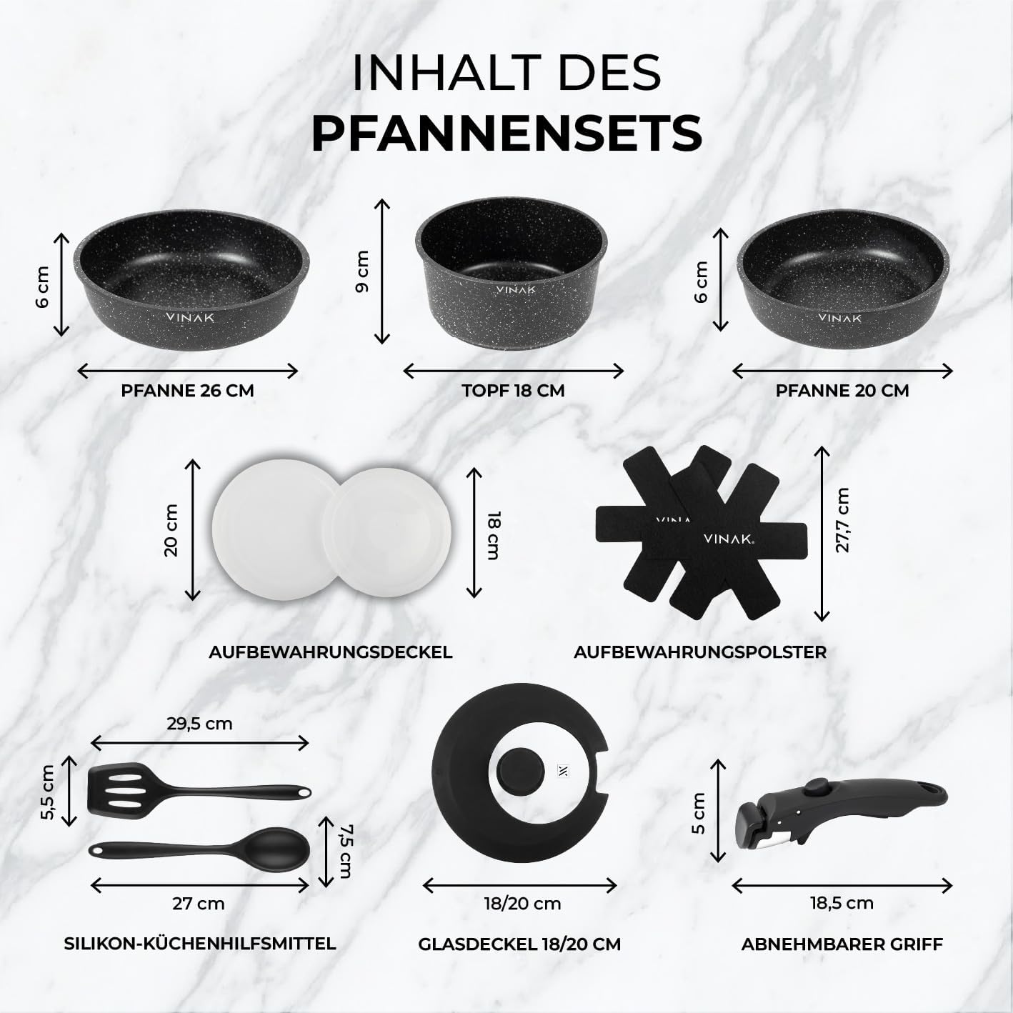 Bratpfannen-Set mit abnehmbarer Griff und Silikonutensilien