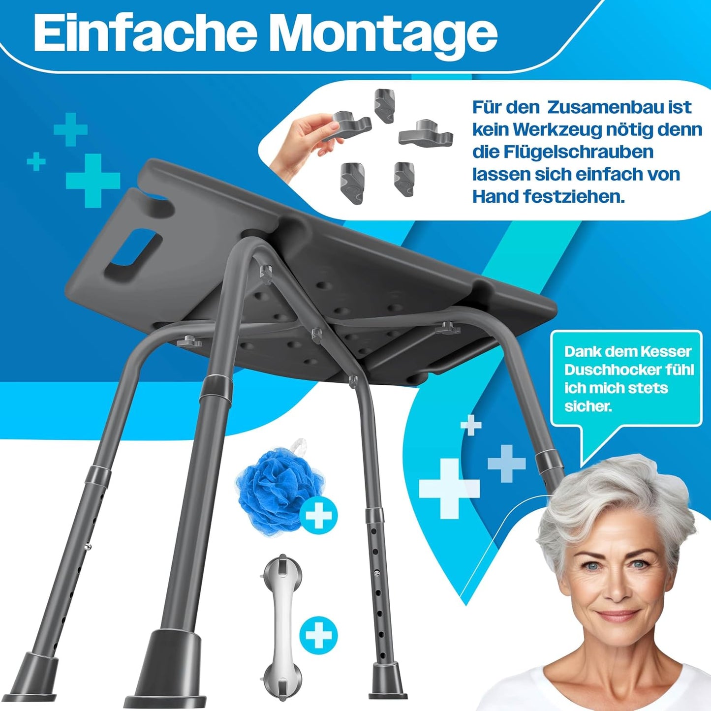 Duschhocker höhenverstellbar mit Haltegriff, Eckig Anthrazit