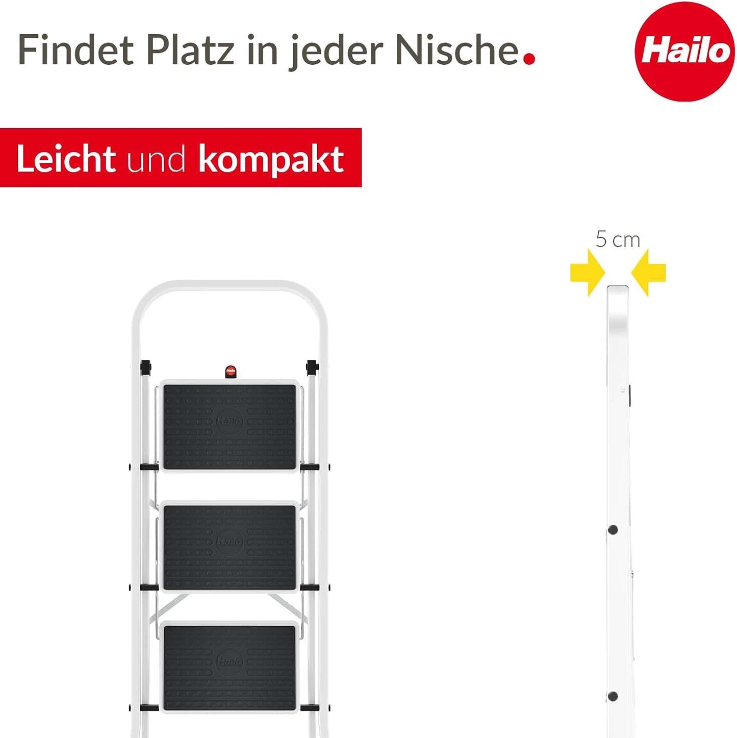 HobbyStep Klapptritt-Leiter mit Anti-Rutsch-Stufen (3 Stufen), Weiss 3 Stufen