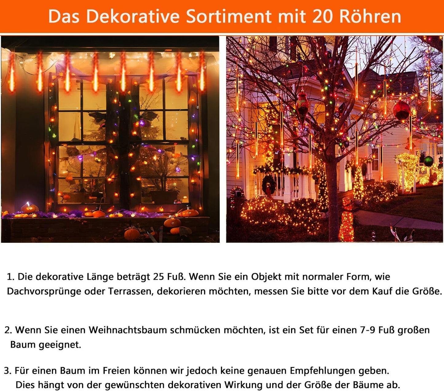 LED Meteorschauer Lichterkette, 20 Röhren, erweiterbar, Orange