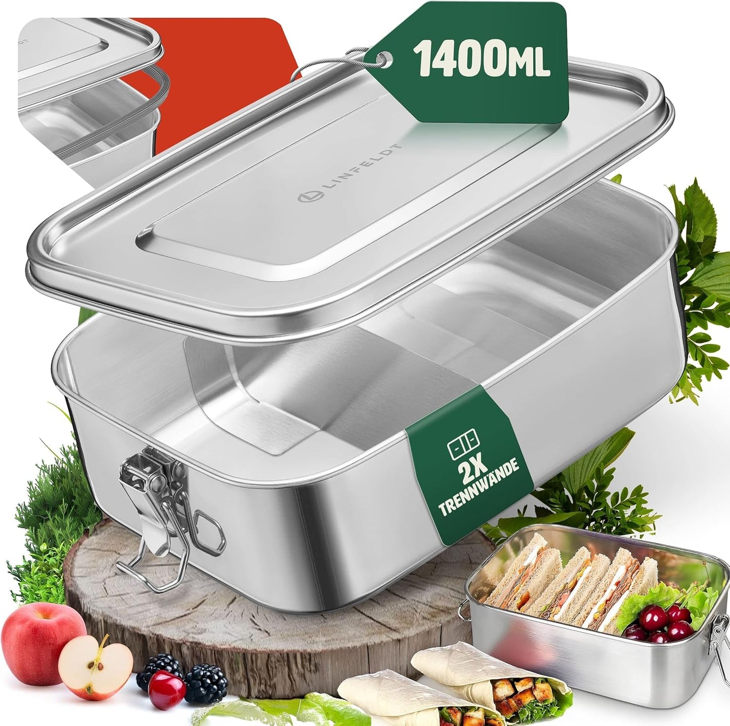 Brotdose mit 3 Fächern, Edelstahl 1400ml