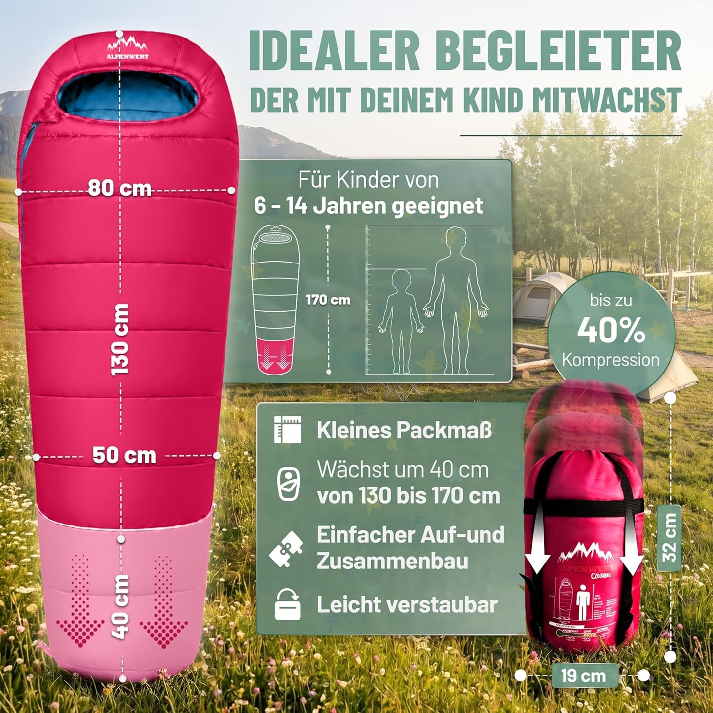 Kinderschlafsack Sommer Mumienschlafsack, Pink/Hellblau