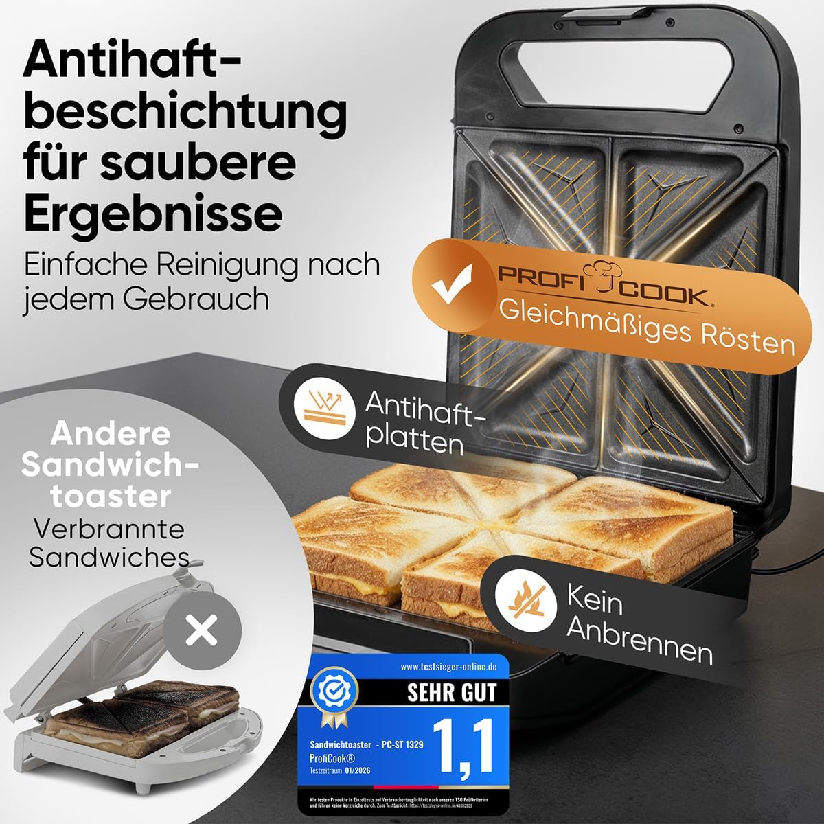 Sandwichmaker für 4 Sandwiches mit Antihaft-Platten, Schwarz