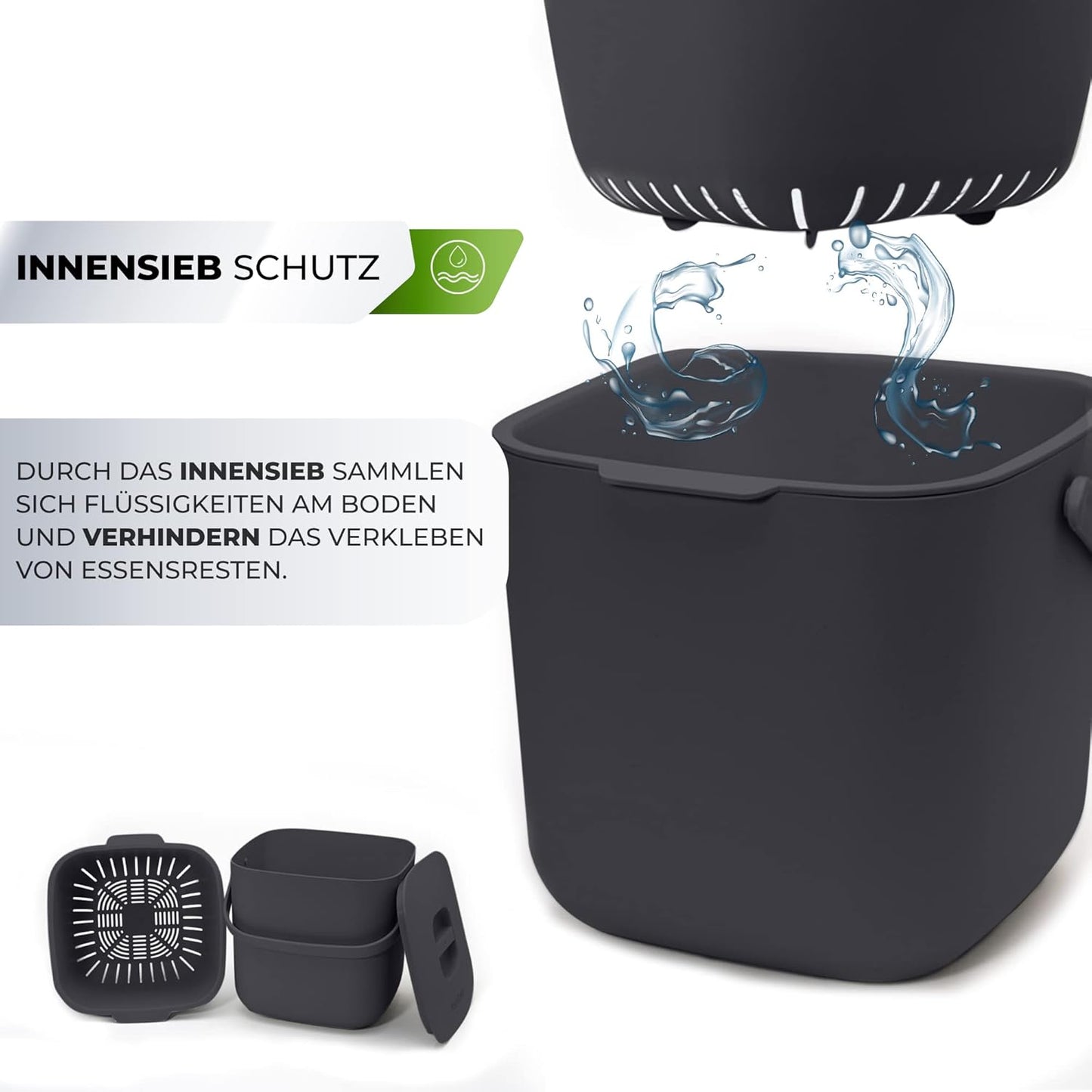 Spülmaschinenfester Biomülleimer mit Deckel und Sieb, 7 Liter Anthrazit