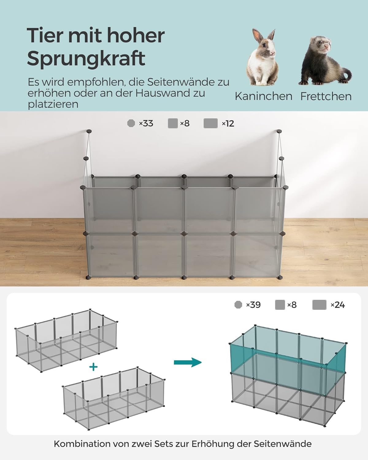 Freigehege mit Bodenplatten für Kleintiere, 143L x 73B x 46H cm Grau