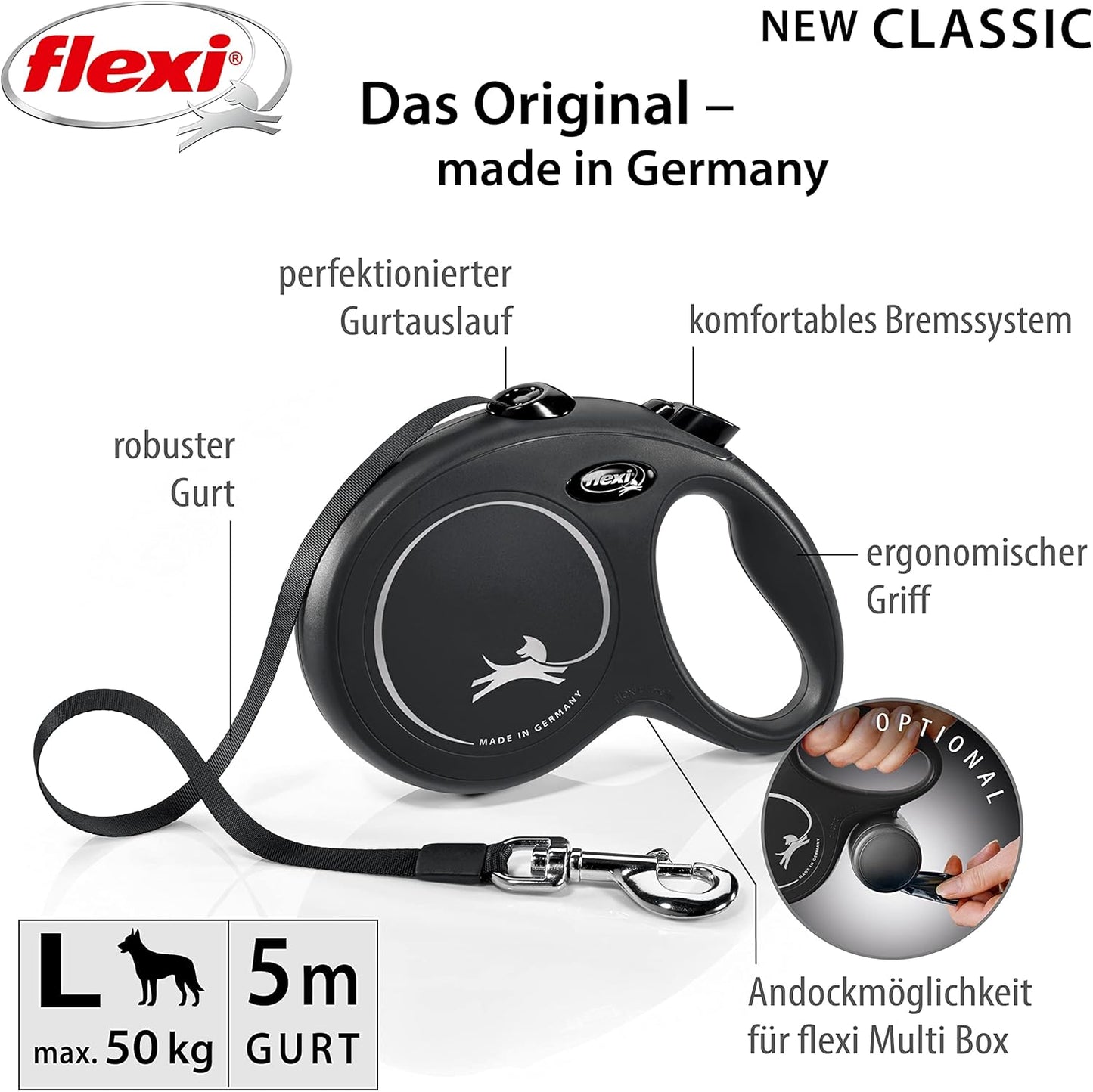 Rollleine für Hunde bis 50 kg, 5 m Gurtlänge, L: 5m (max. 50kg) Schwarz