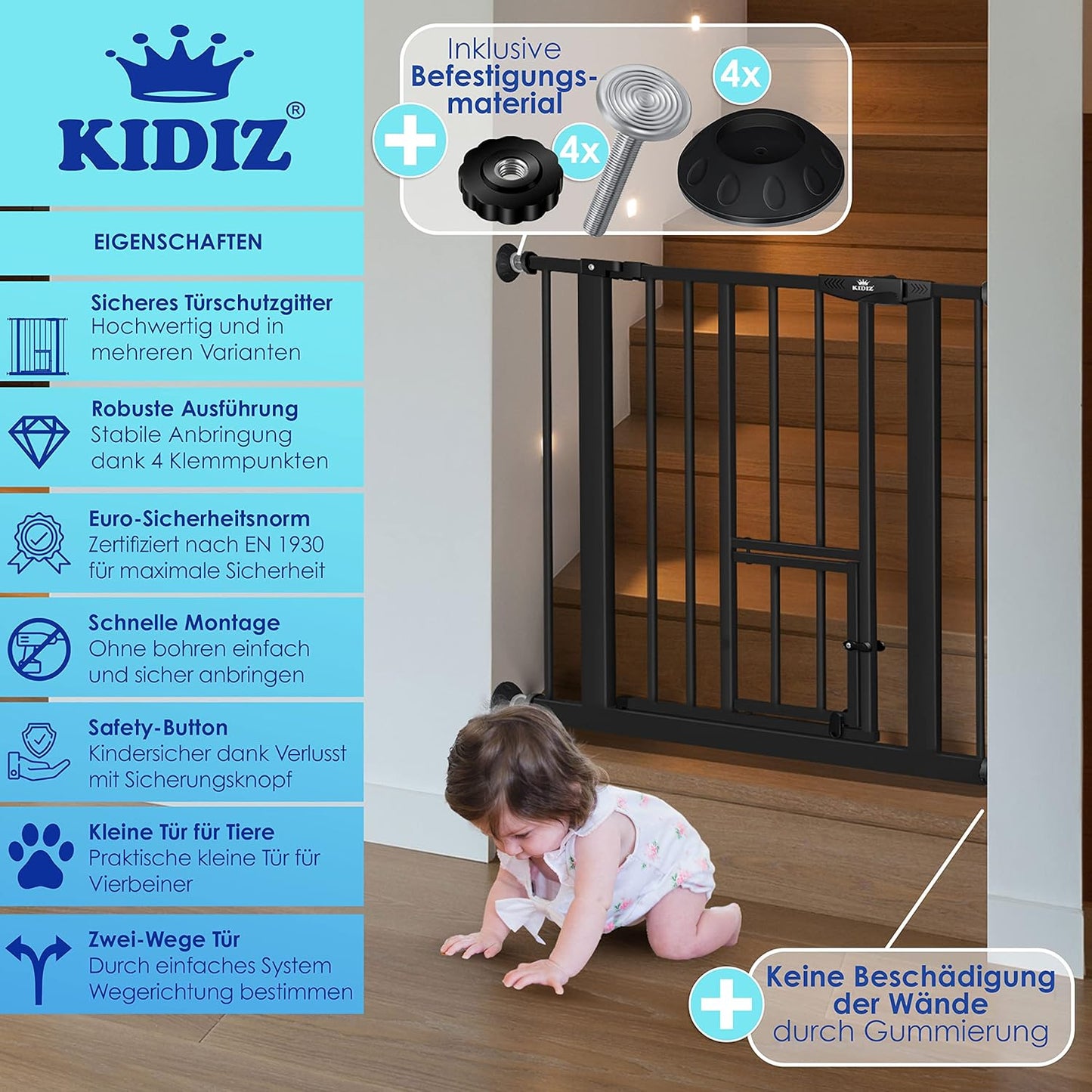 Absperrgitter mit Katzenklappe, Autoclose-Funktion, 74-87 cm Schwarz