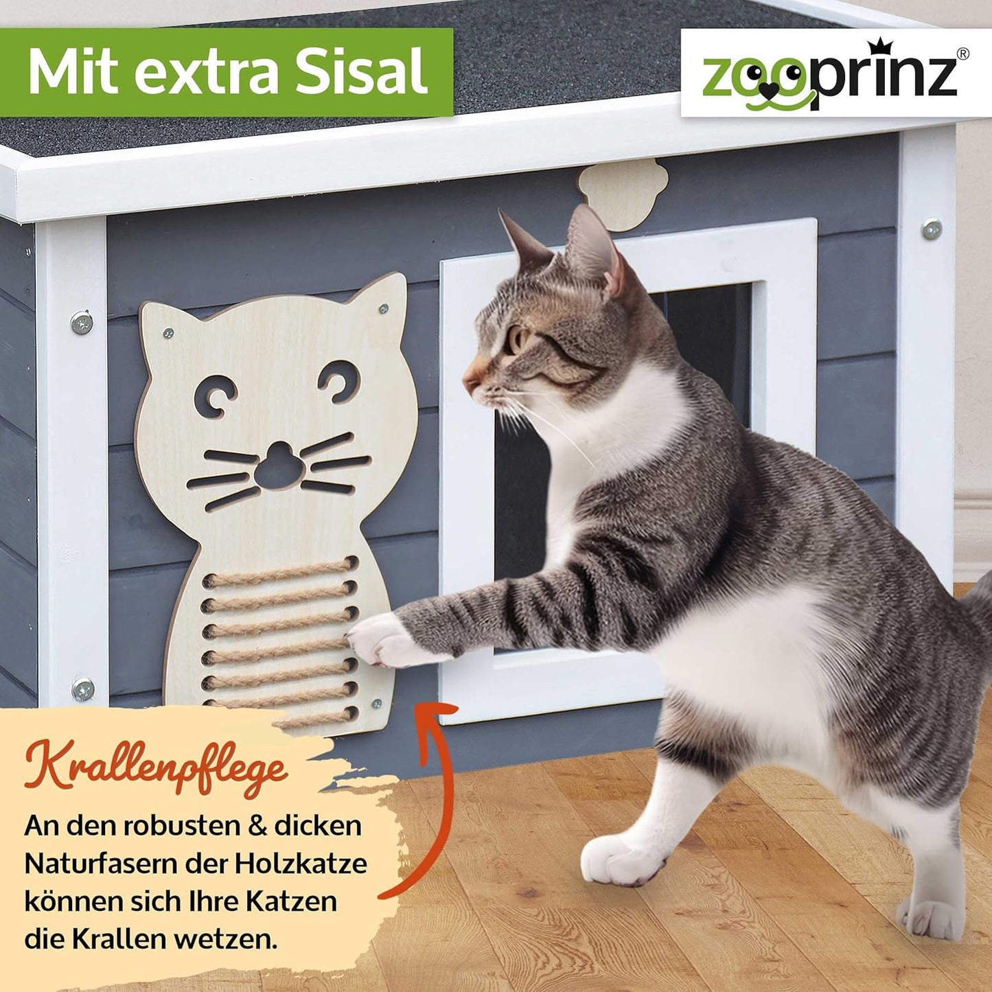 Katzenhaus mit Schwingtür und Fenster, Grau-Weiß Standard