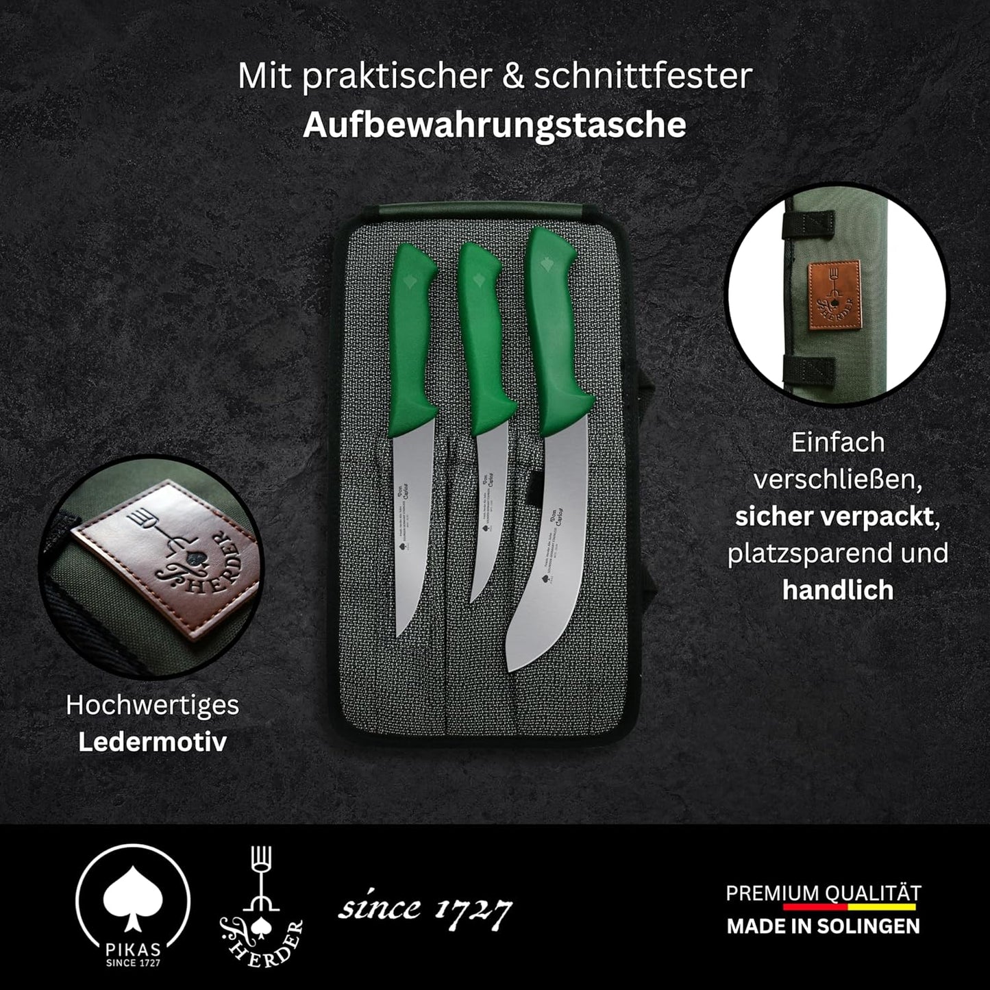 Schlachtmesser/Metzgermesser-Set, Rind & Rotwild - Grün, Schnittfeste Canva-Tasche