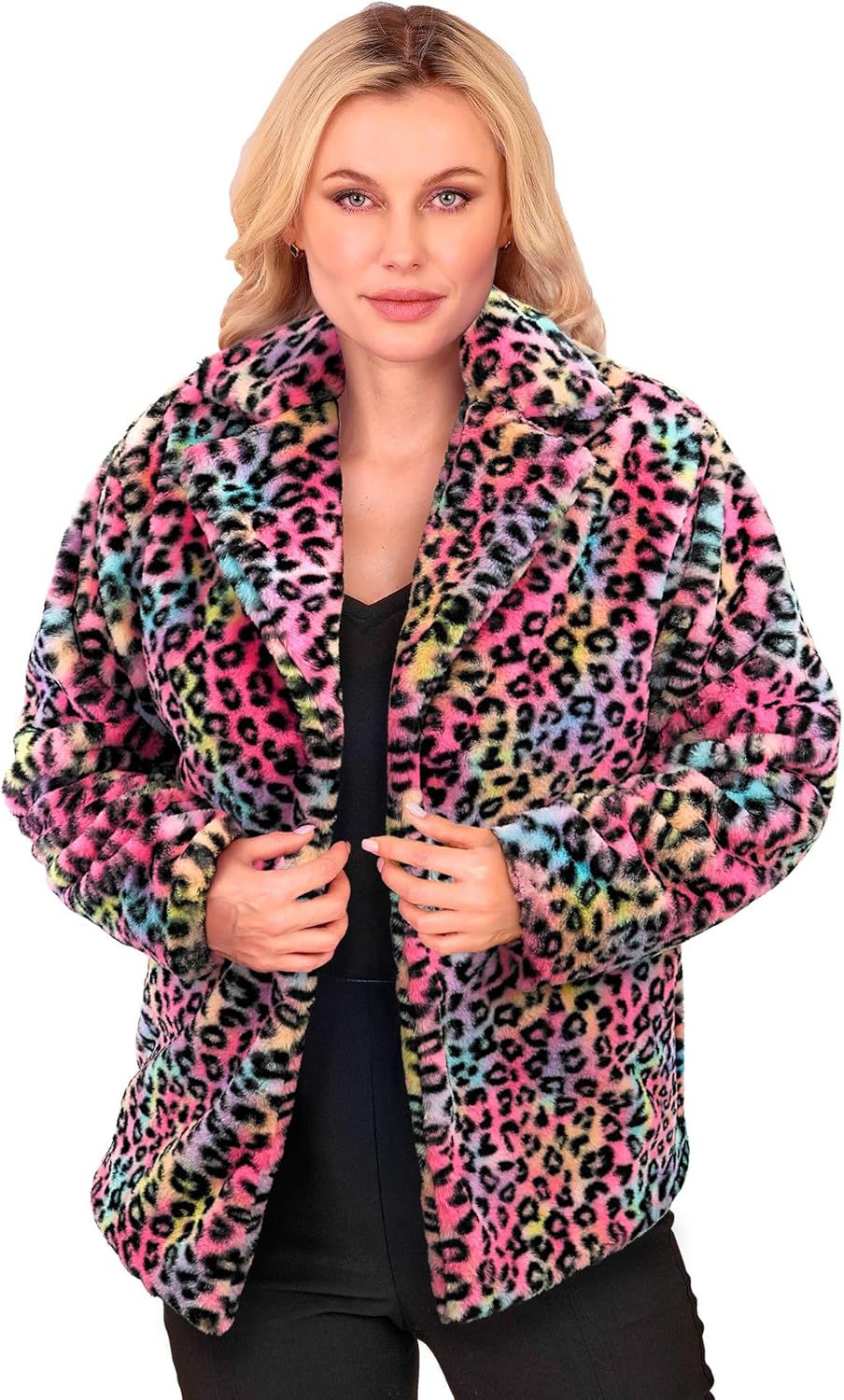 Kunstfell-Jacke Leopardenmuster, Leopardenmuster Bunt S-M