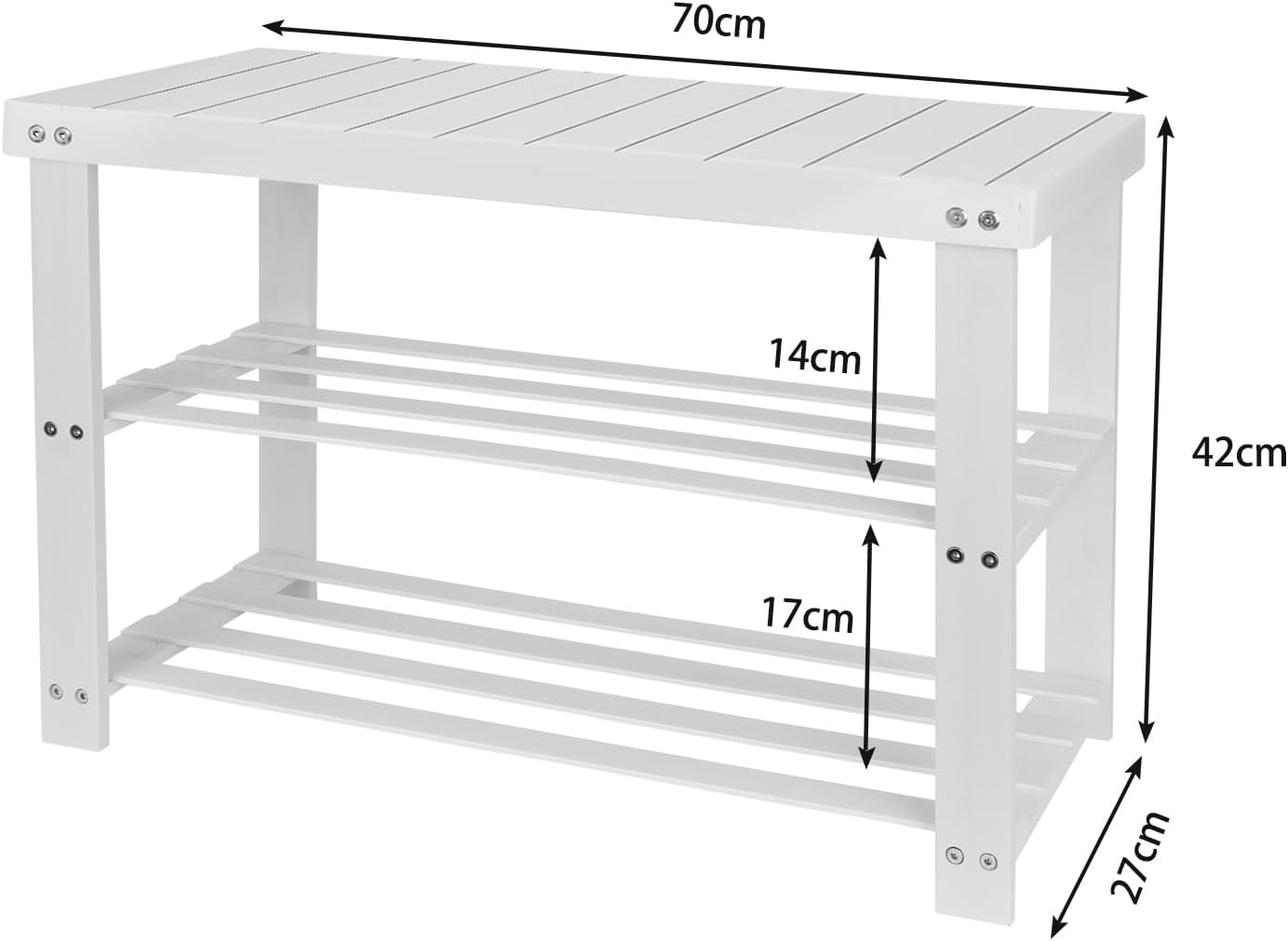 Schuhregal mit Sitzbank und 3 Ablagen, 70 X 27 X 42 Cm (1 Stück) Weiss