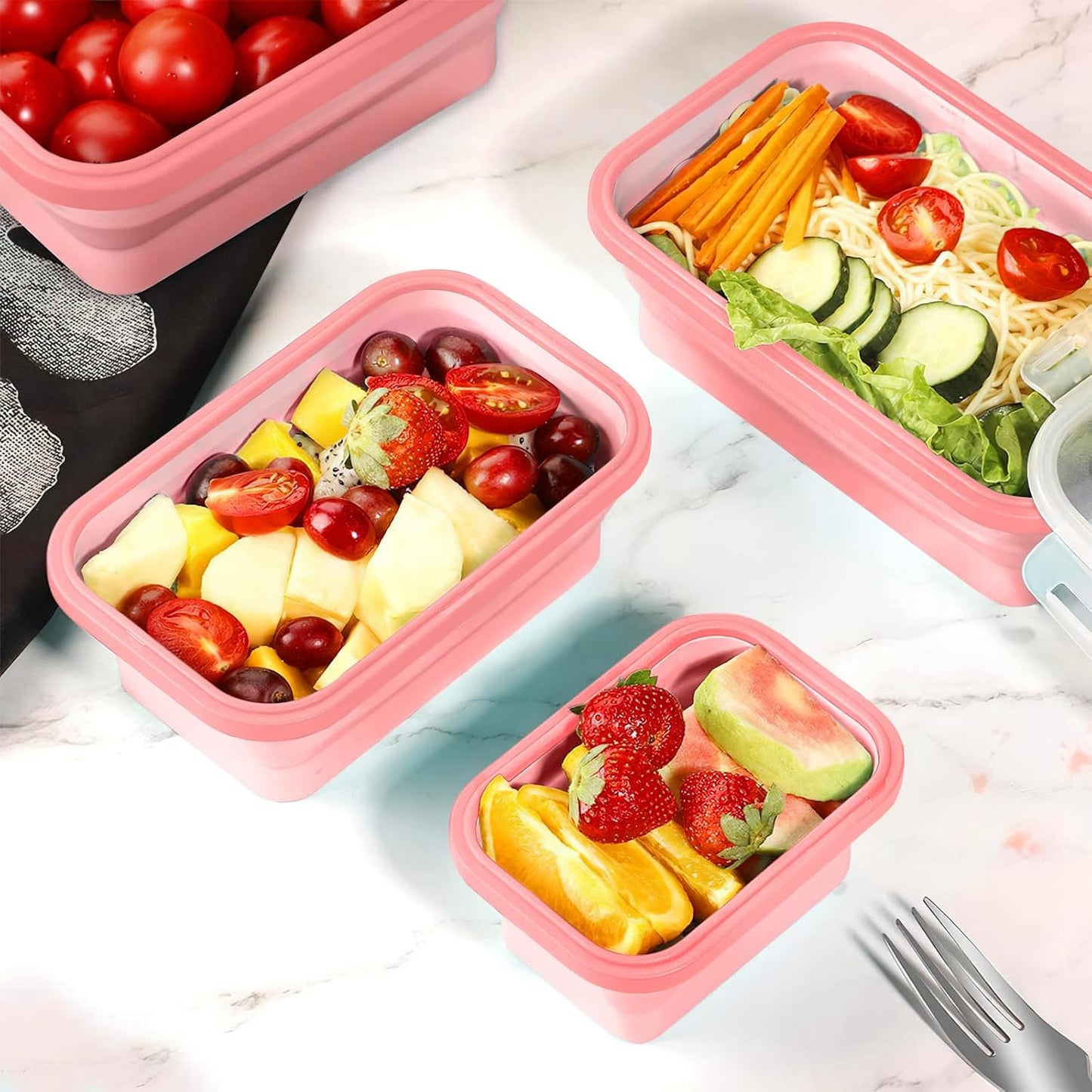 Faltbares Food Container-Set, 4-teilig mit Deckel, Rosa