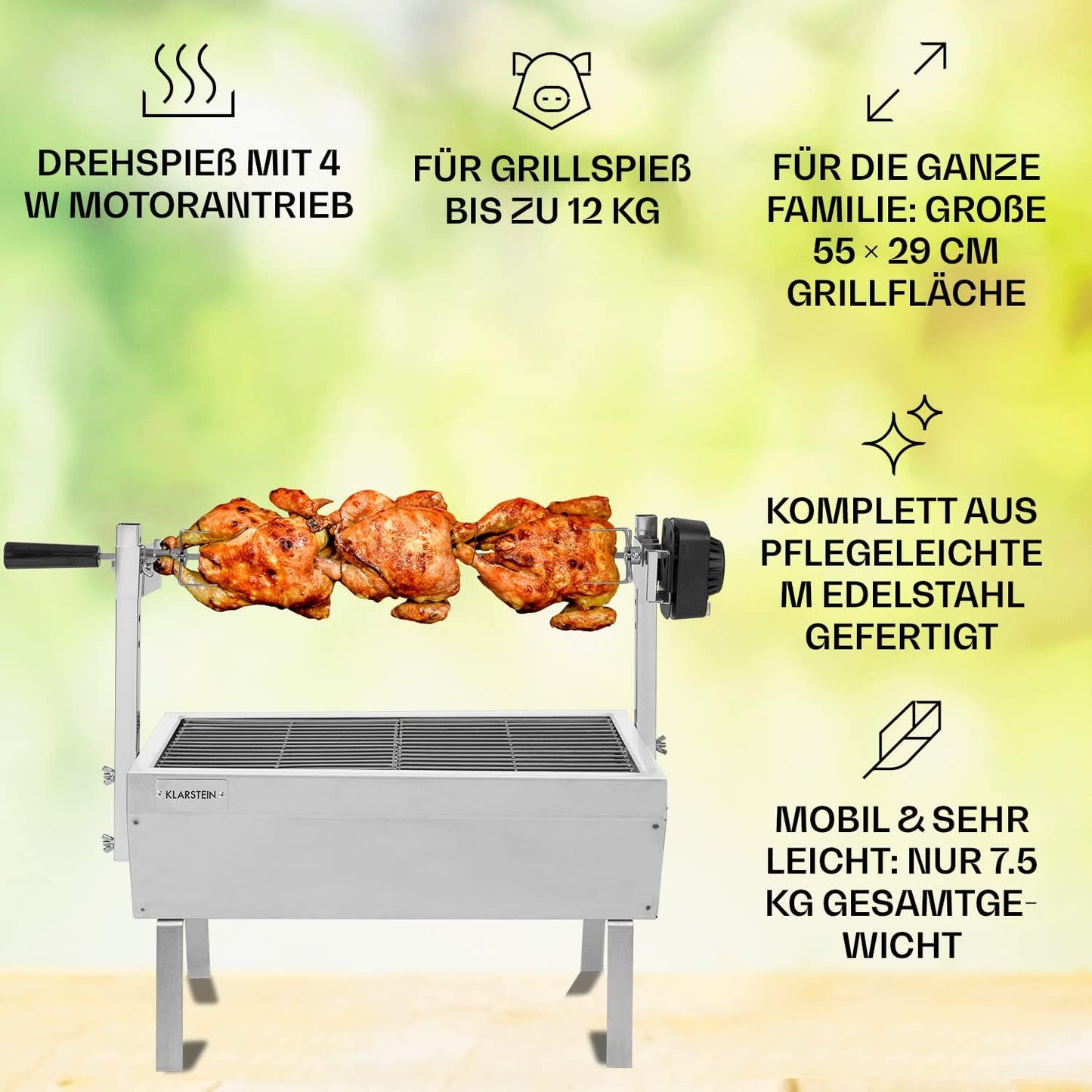 2-in-1 Rotisserie Grill mit Drehspiess, 4 Watt Silber