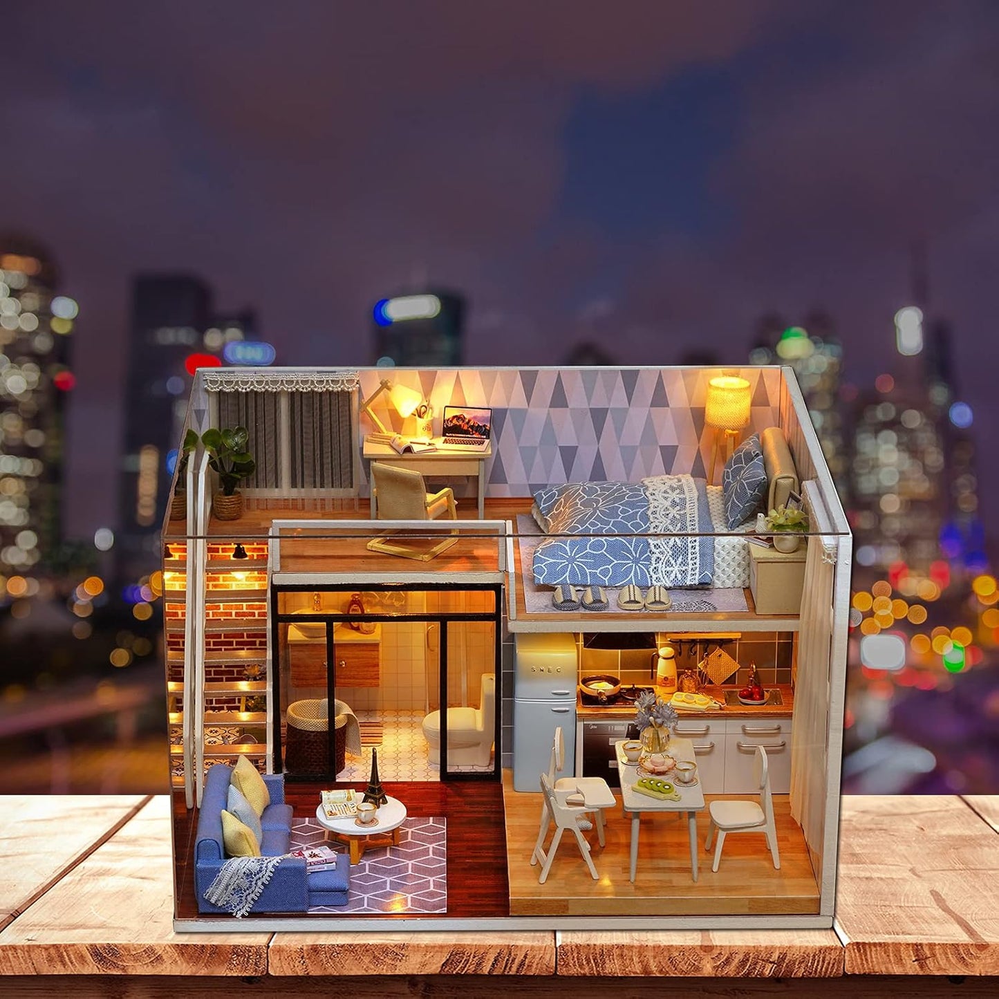 DIY Miniatur Puppenhaus mit Musik & LED Lichtern, Blassblaue Zeit