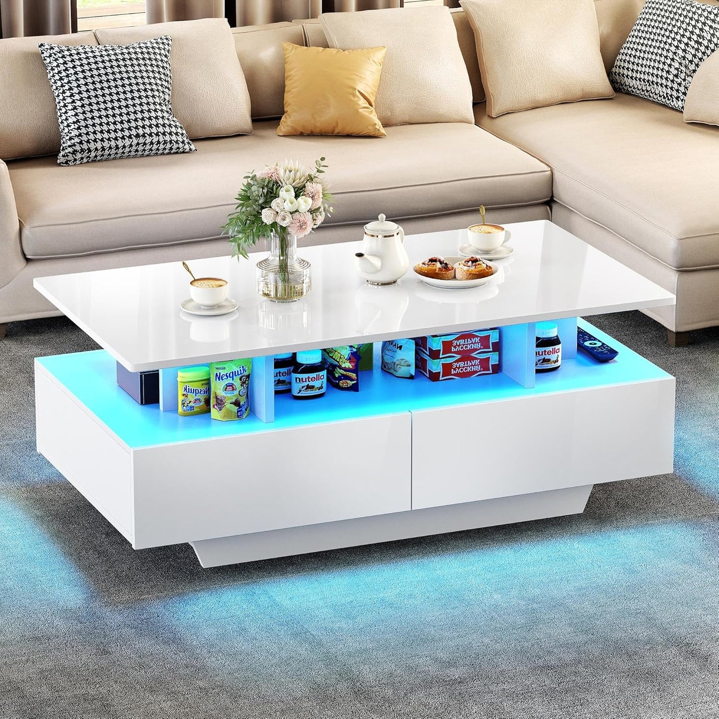 Moderner Couchtisch mit LED und Schubladen