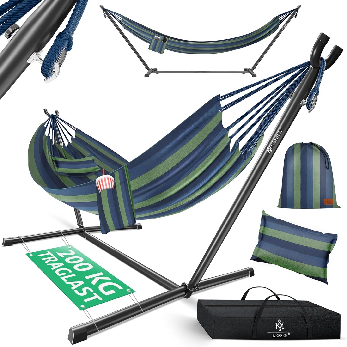 Hängematte mit Gestell für 2 Personen (200kg), Blau