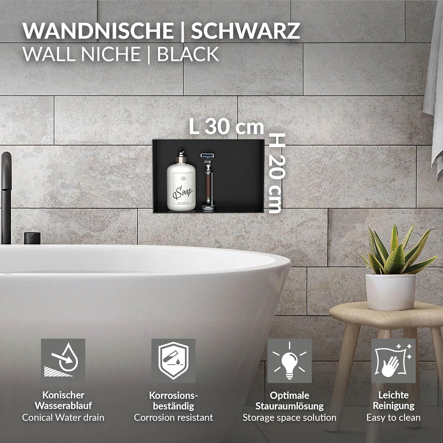 Wandnische für das Badezimmer, 20x30x10 cm Schwarz
