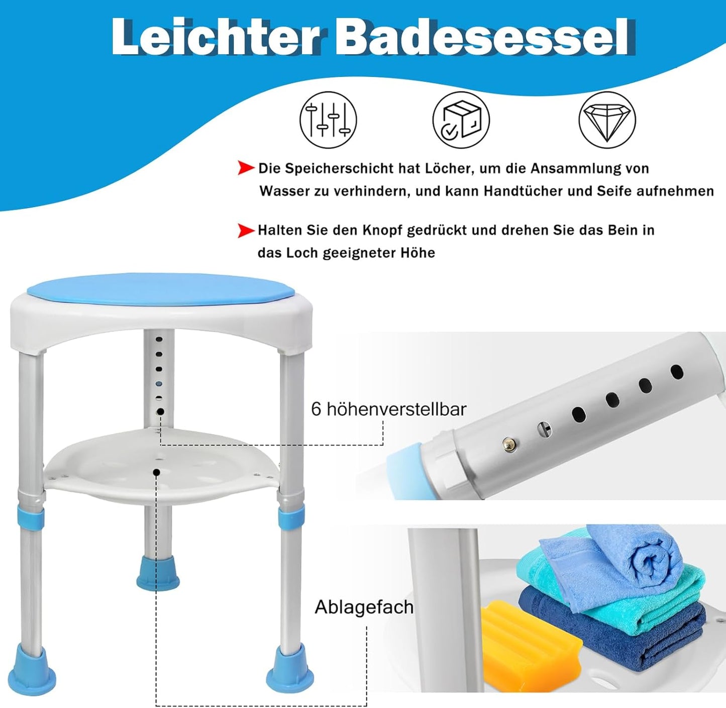 Höhenverstellbarer Duschhocker, drehbar 360°, Type C