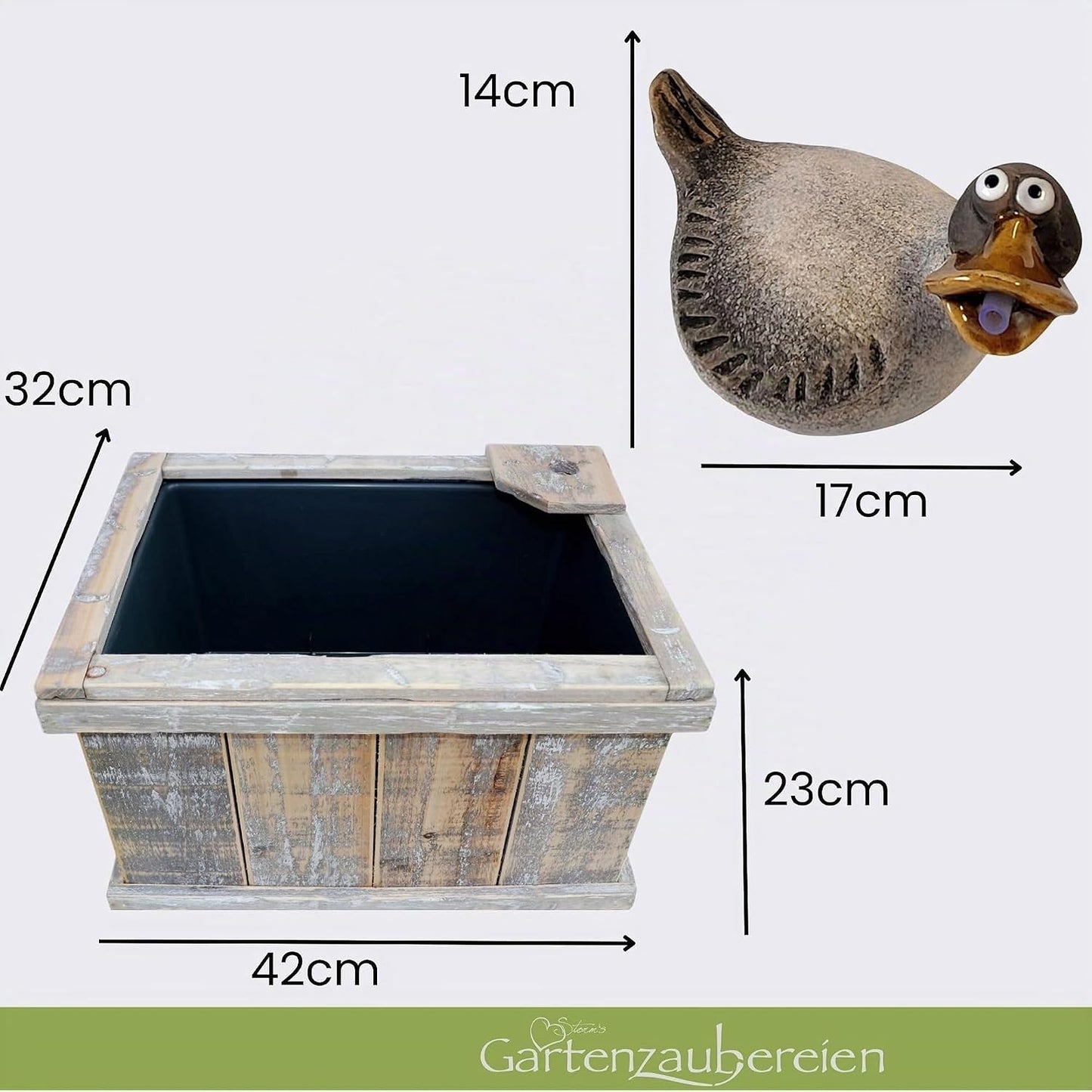 Holzkiste mit Wasserspeier Ente & Solar-Wasserpumpe