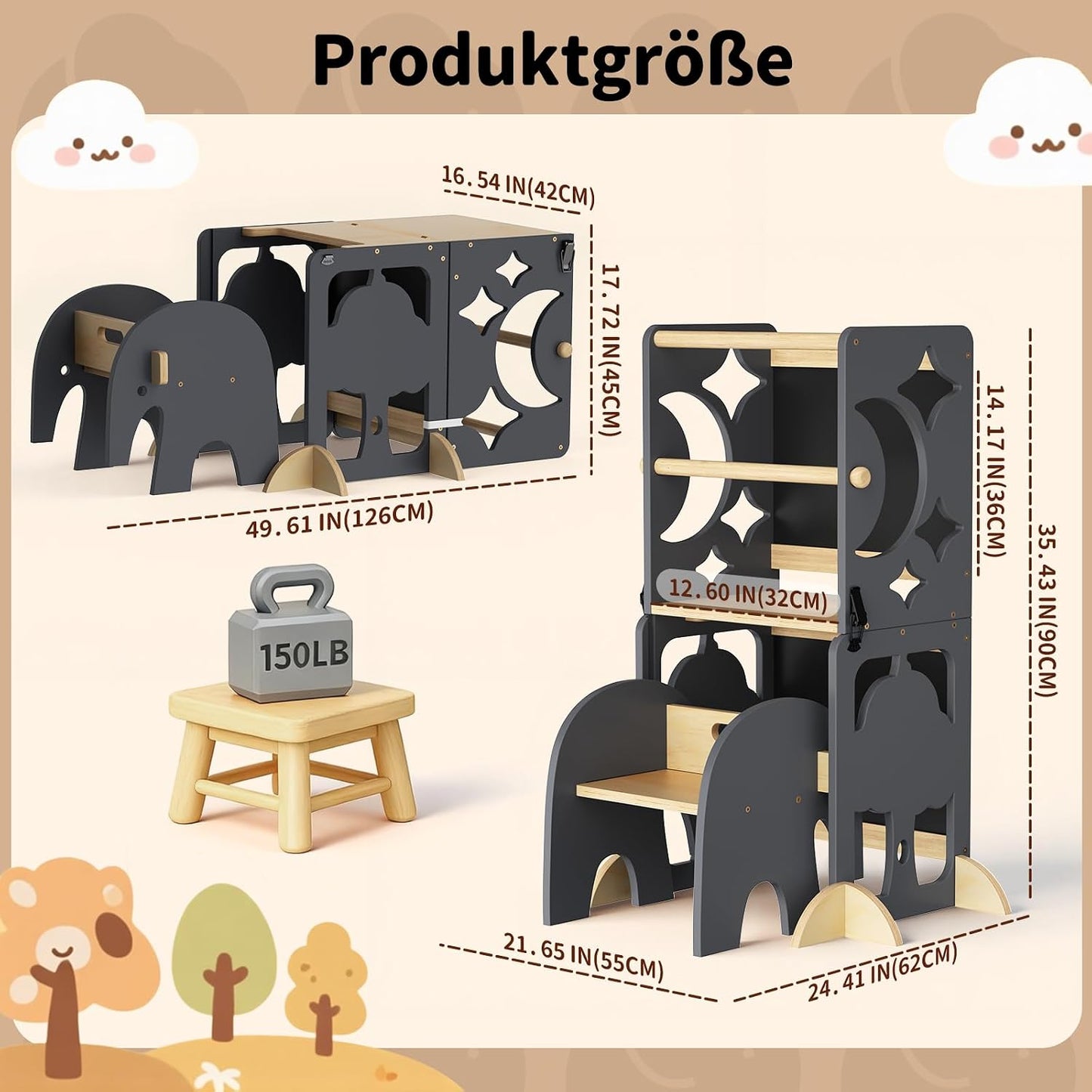 4in1 Lernturm mit Doppeltafel & Schreibtisch, Schwarz