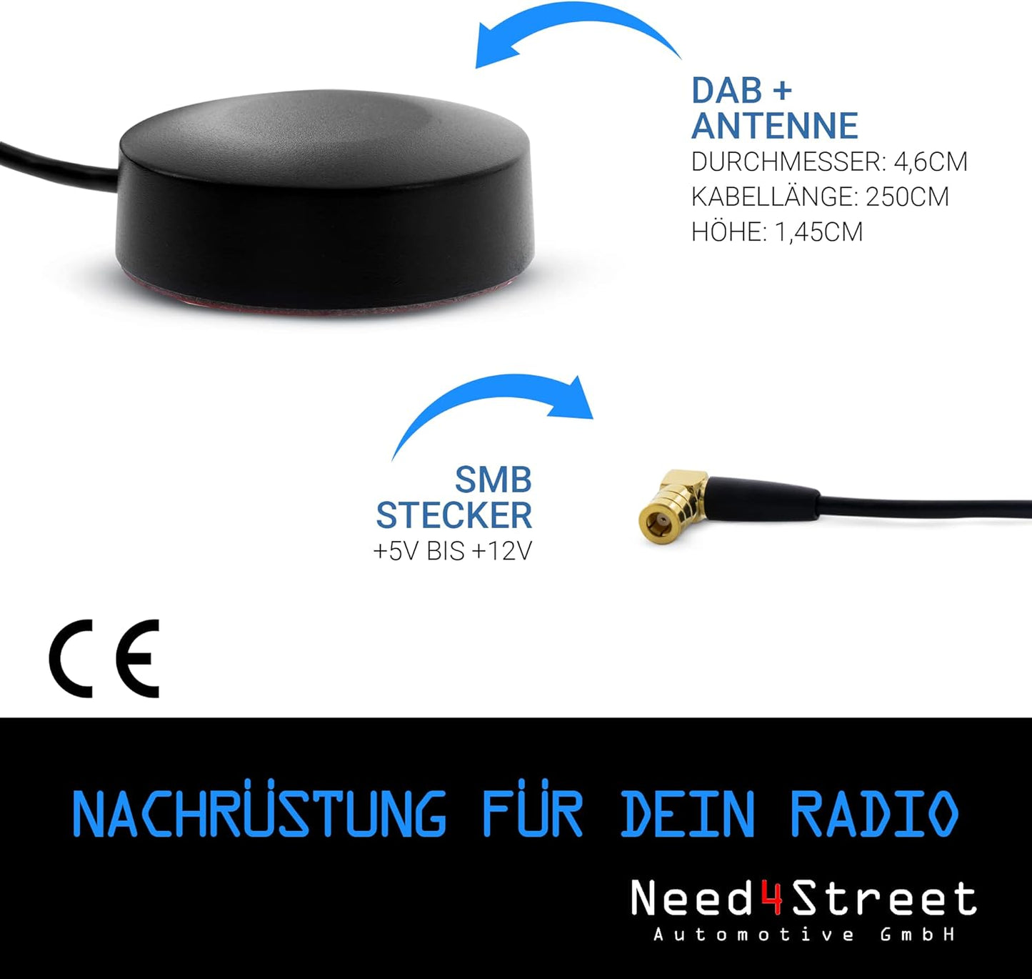 DAB+ Autoantenne mit Verstärker und SMB-Stecker, Stecker SMB
