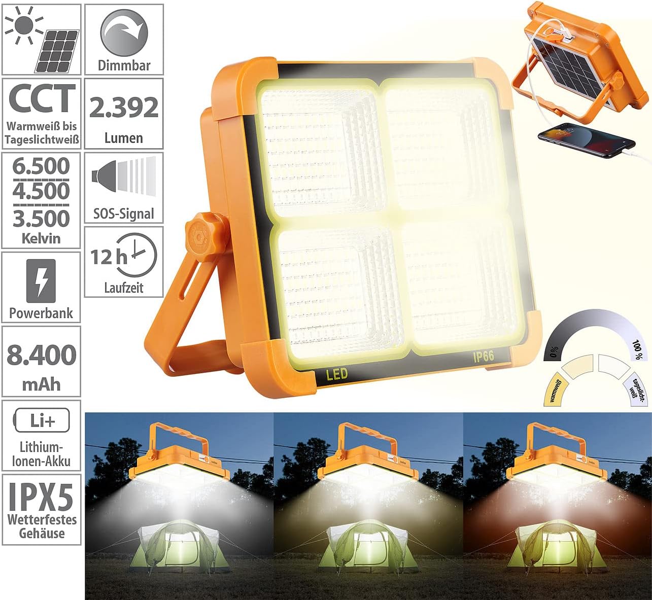 LED-Baustrahler mit Akku & Solar, Orange, 1er