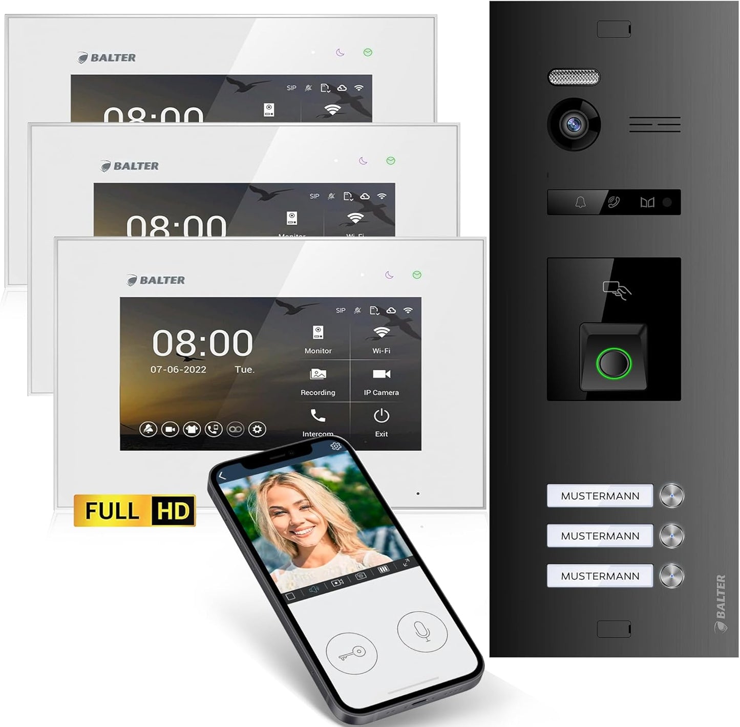 EVO-HD Video Türsprechanlage mit Fingerprint, für 3-Familienhaus, App, 3 Monitore, Mit App B. Schwarz/Weiss