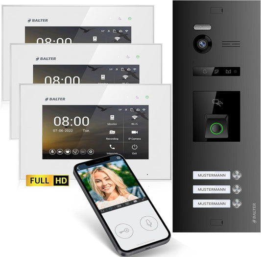 EVO-HD Video Türsprechanlage mit Fingerprint, für 3-Familienhaus, App, 3 Monitore, Mit App B. Schwarz/Weiss
