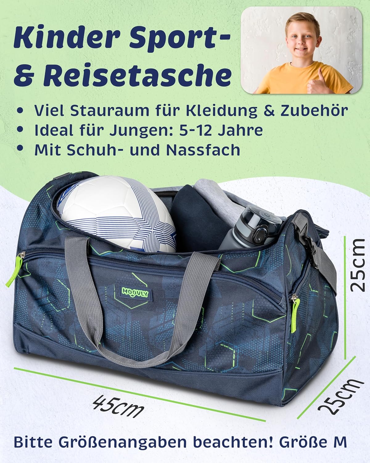 Kindersporttasche mit Schuh- und Nassfach, Blau-grün Gemustert