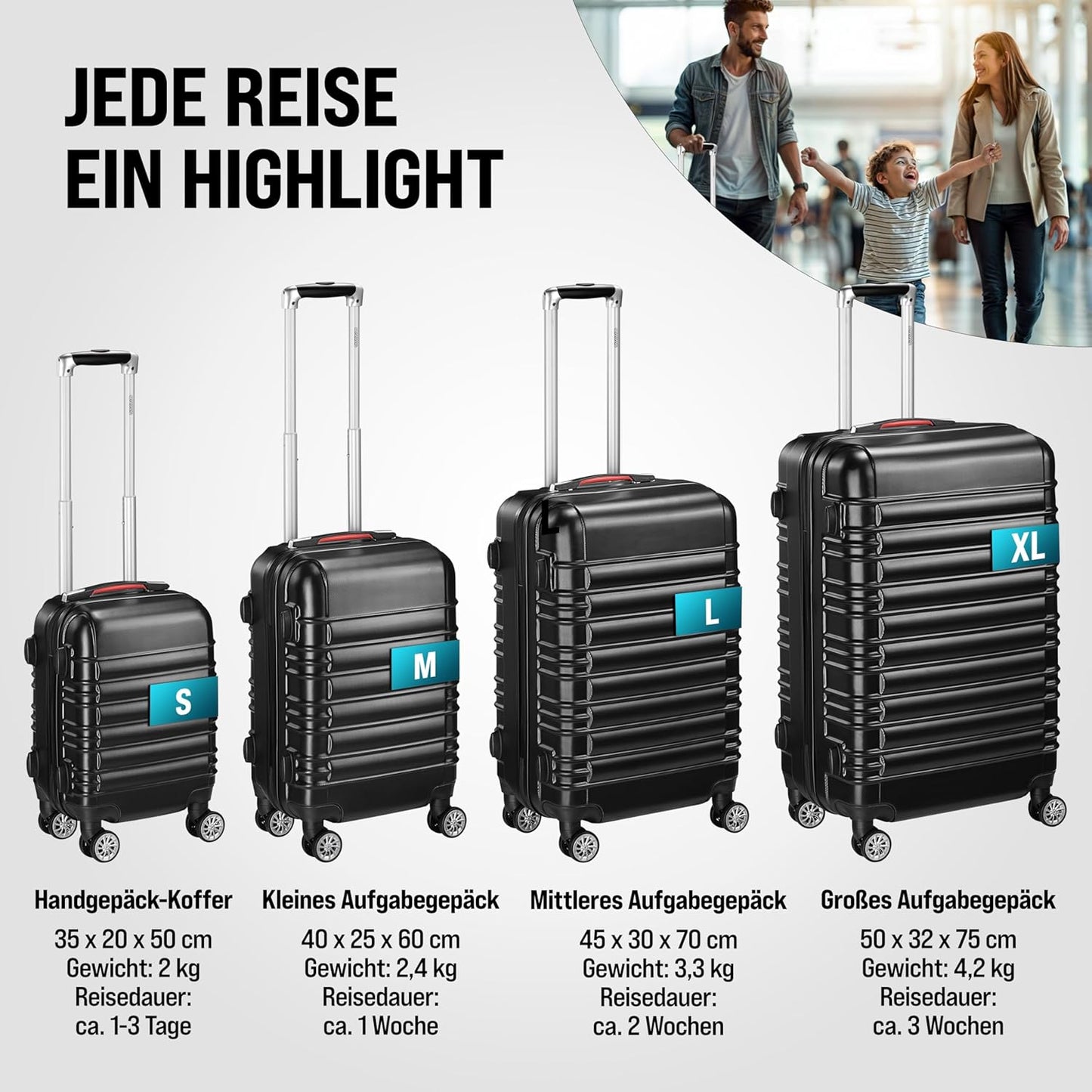 Hartschalenkoffer mit Zubehör 4er Set, Schwarz