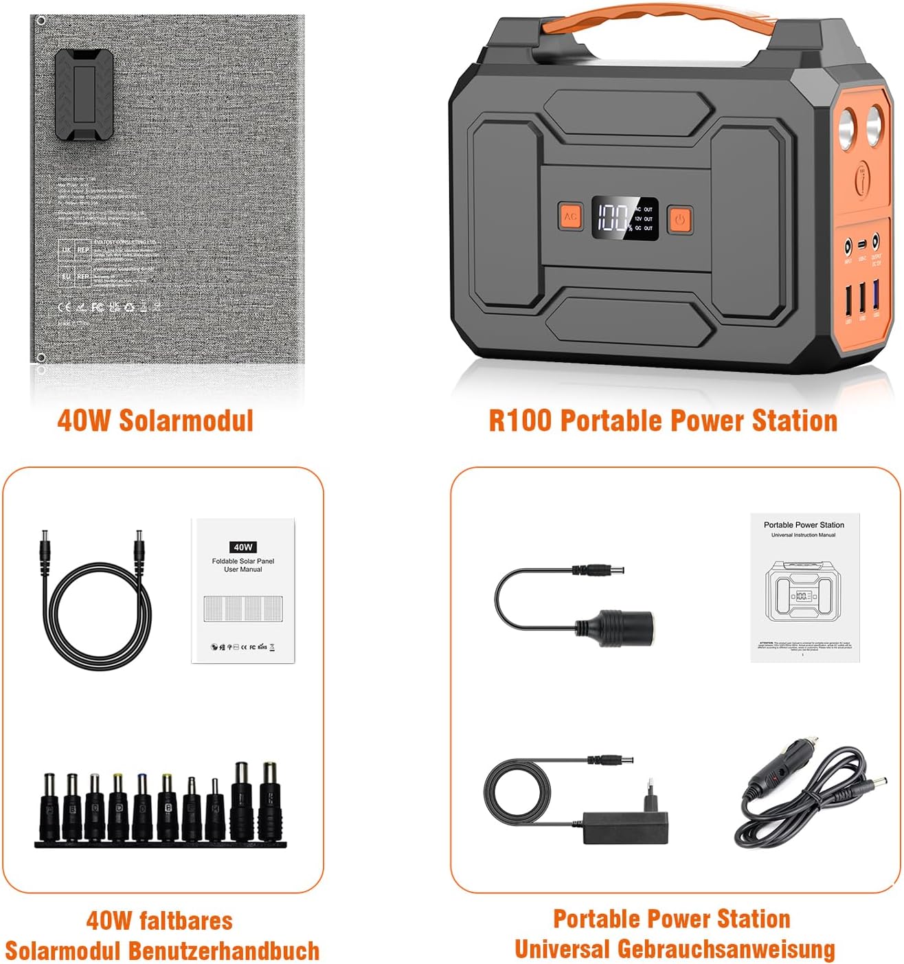 Tragbare Powerstation mit Solarpanel, Orange