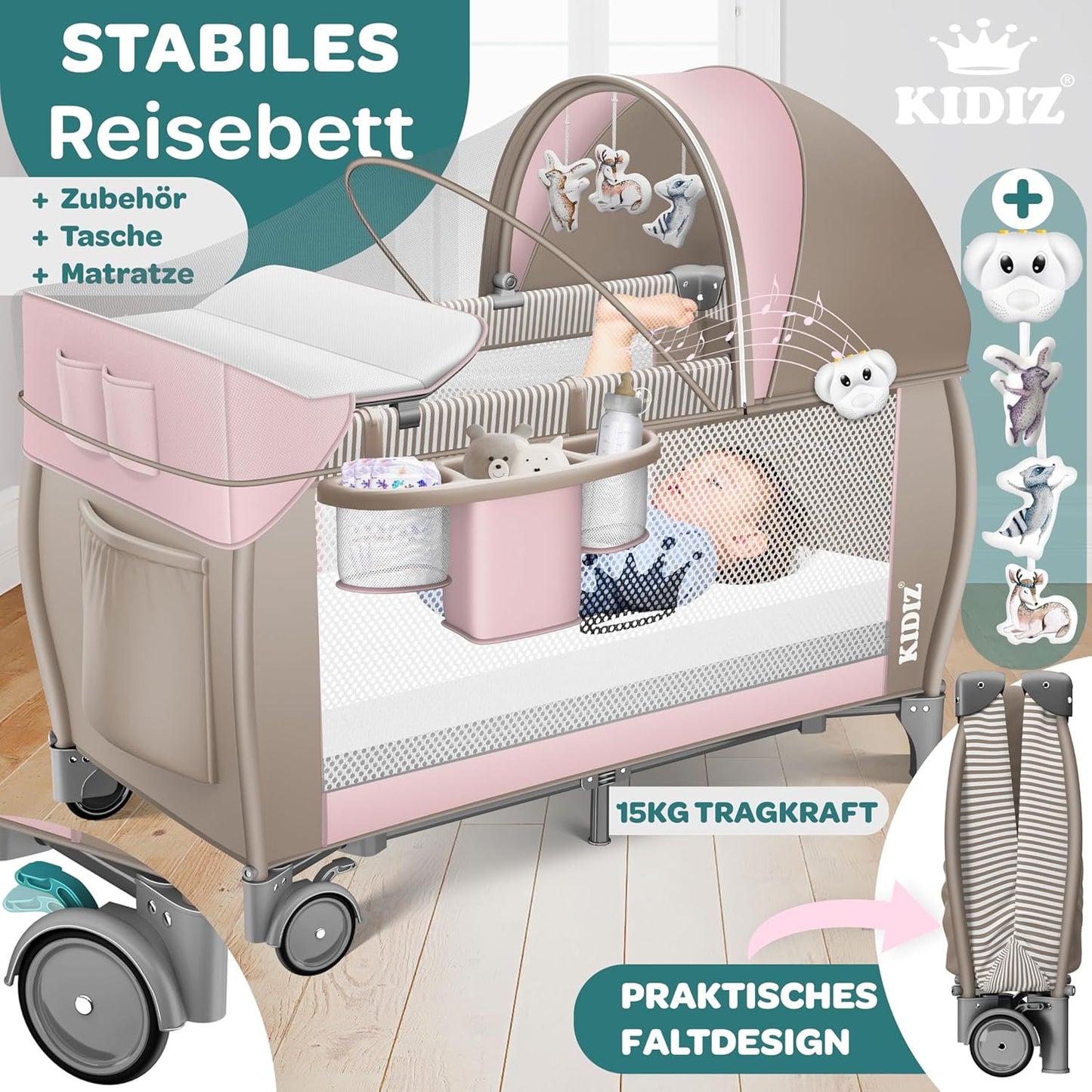 Klappbares Reisebett, Rosa / Beige