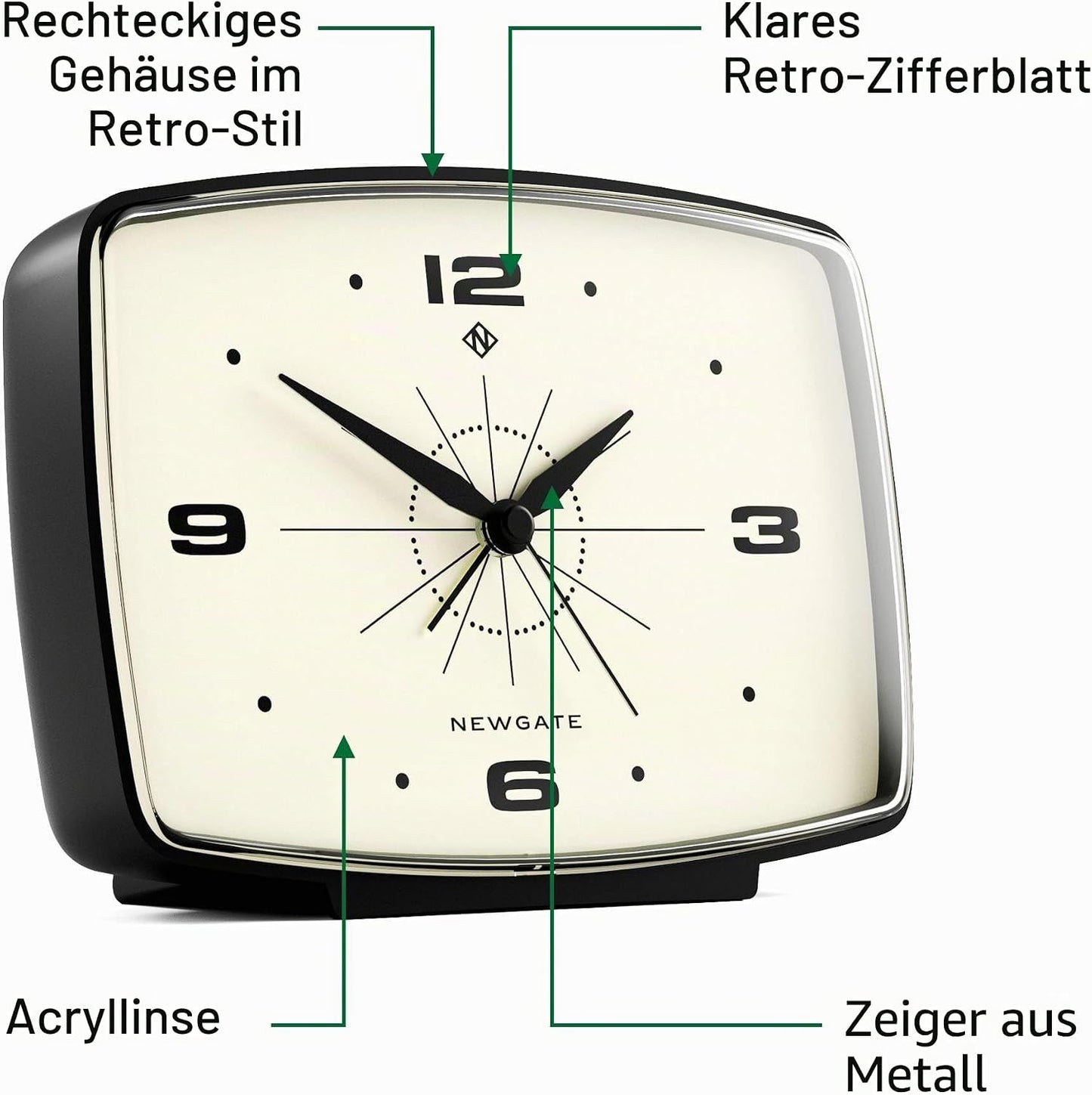 Retro Wecker im Mid-Century-Design, Mattschwarz