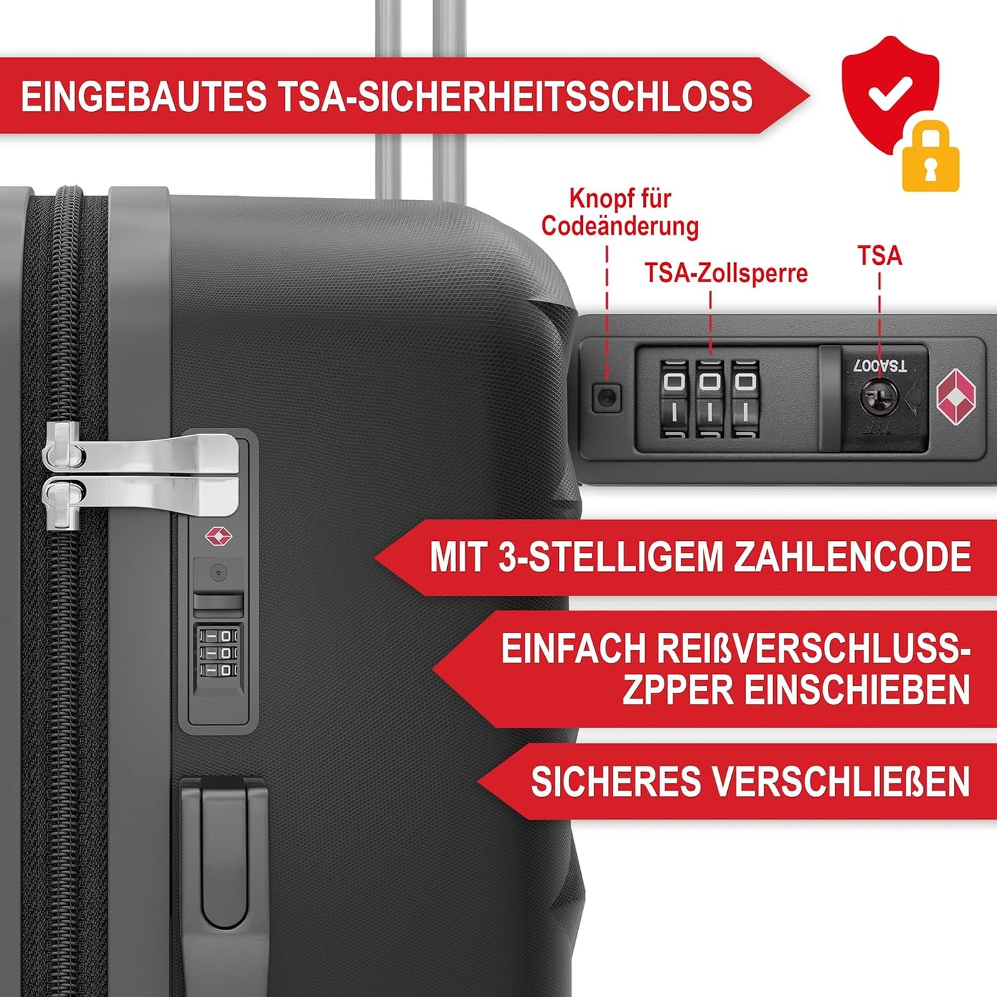 4-teiliges Kofferset mit TSA-Schloss und Zubehör, Schwarz
