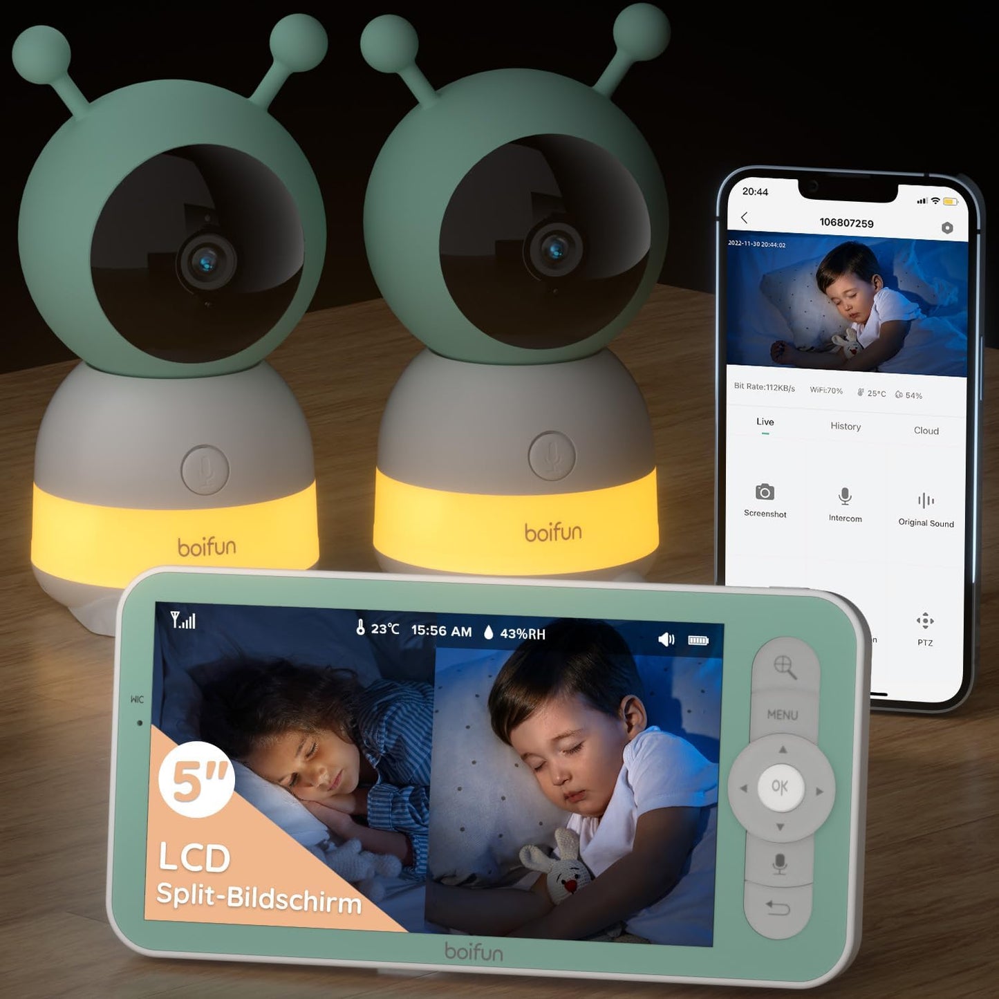 Babyphone mit 2 Kameras und 2K HD Bildqualität, Dual Kamera Modelle