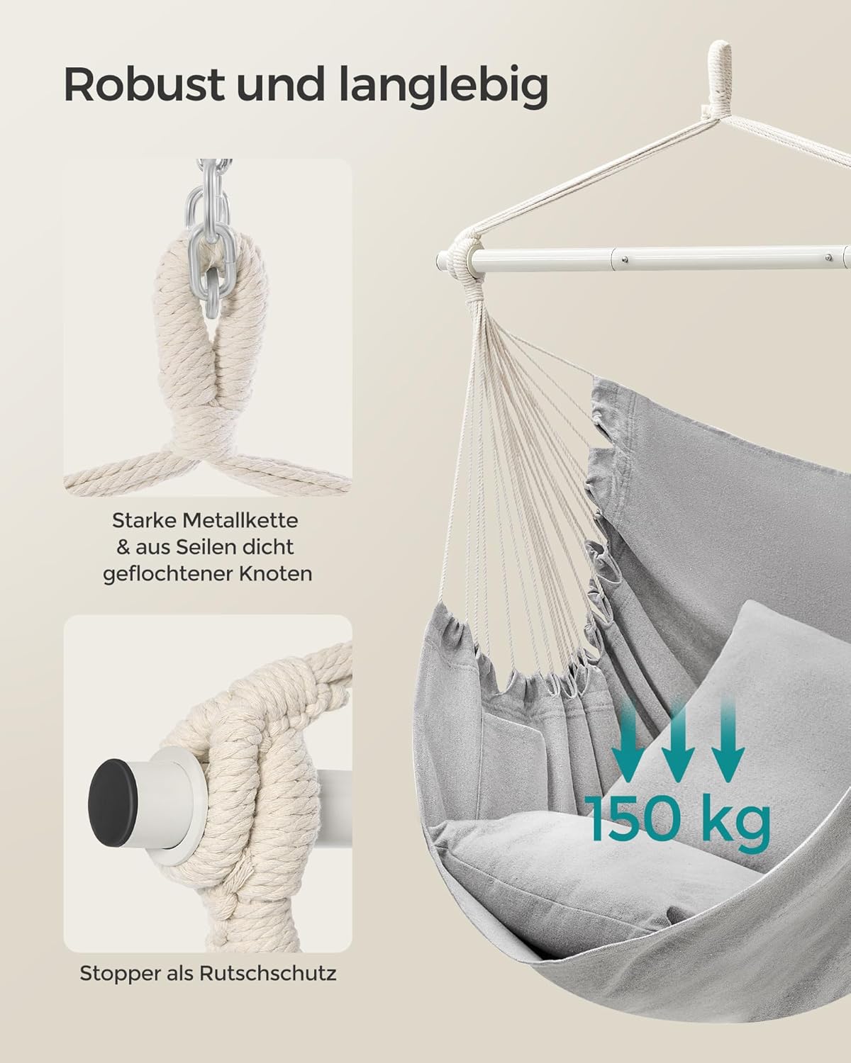 Hängesessel mit Kissen und Metallkette, Indoor/Outdoor, Taubengrau Stahlstange