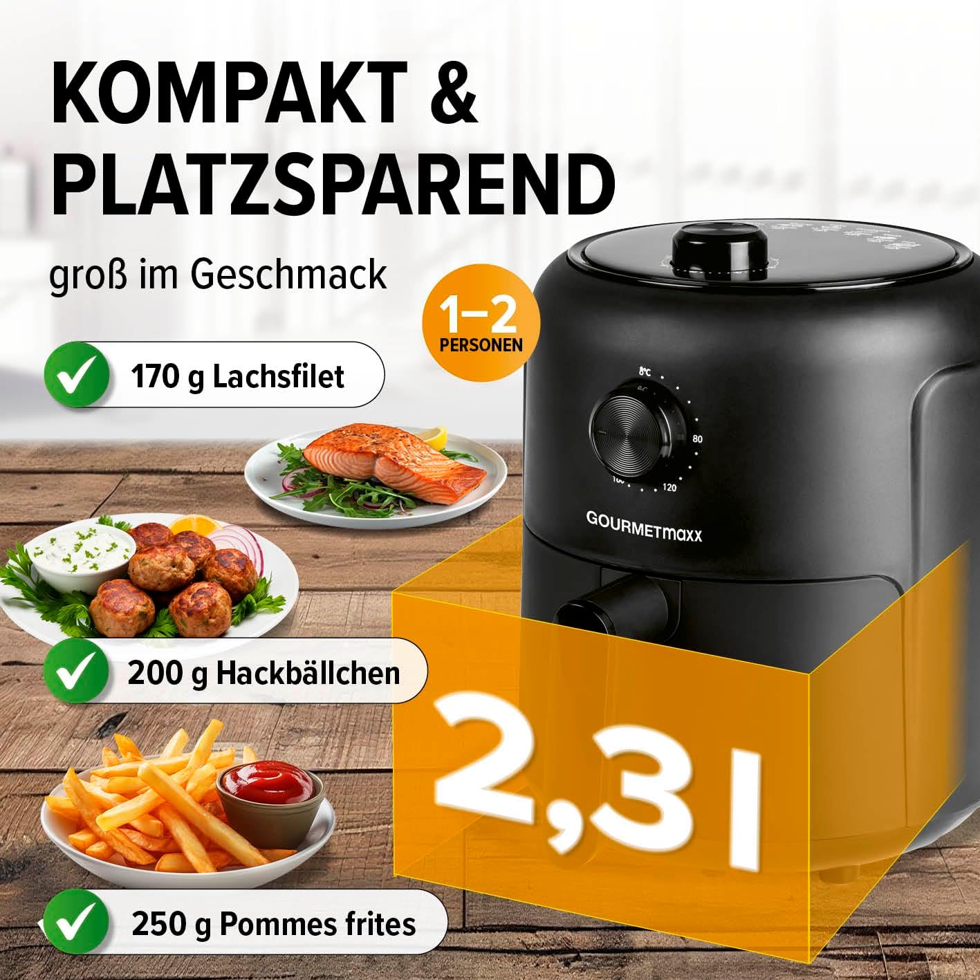 Heissluftfritteuse, Schwarz / 2,3 Liter