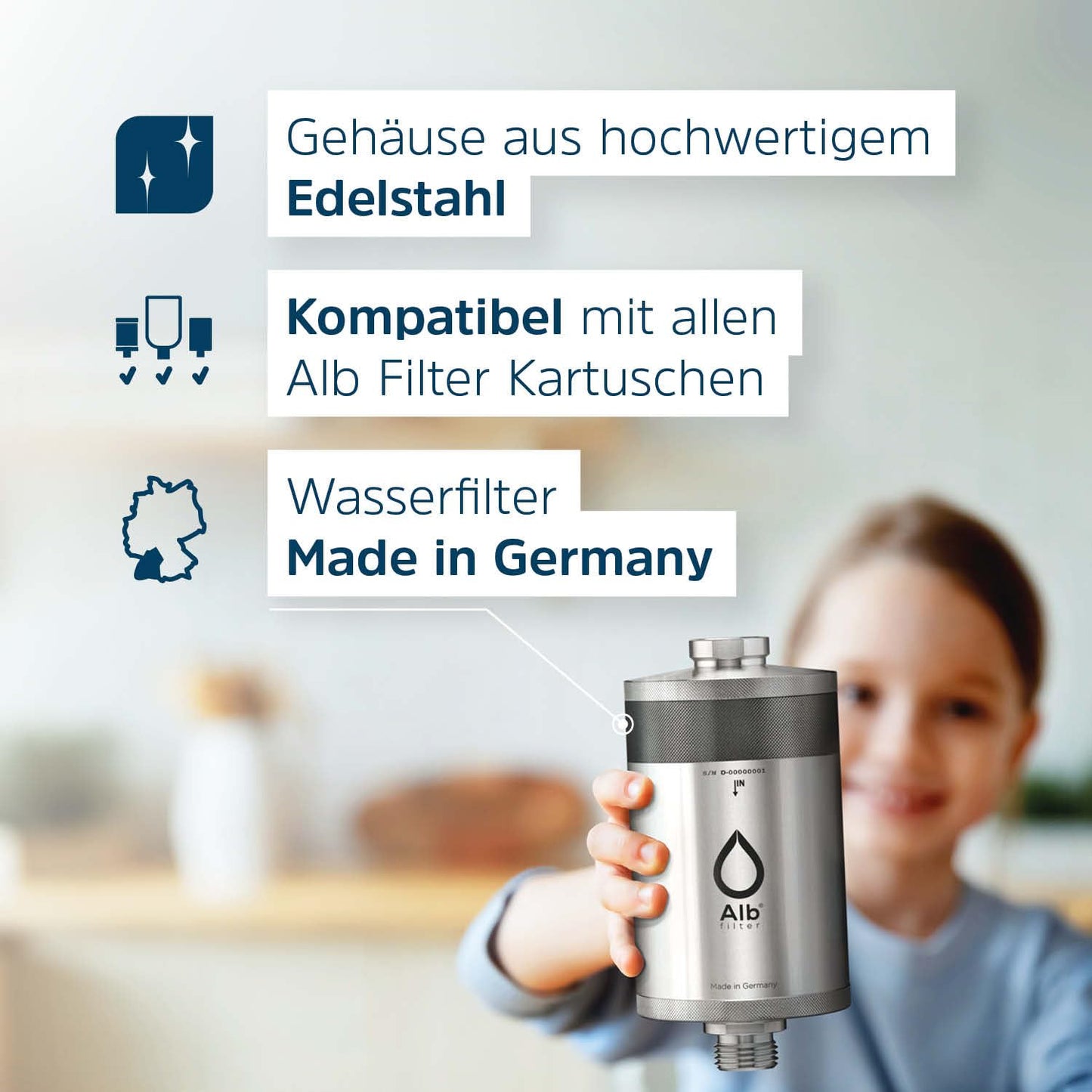 Active Wasserfilter mit Kartusche, Edelstahl Natur
