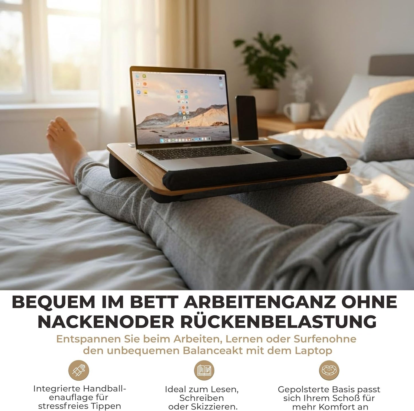 Knietablett mit Kissen & Handyhalter für Laptops, Schwarz