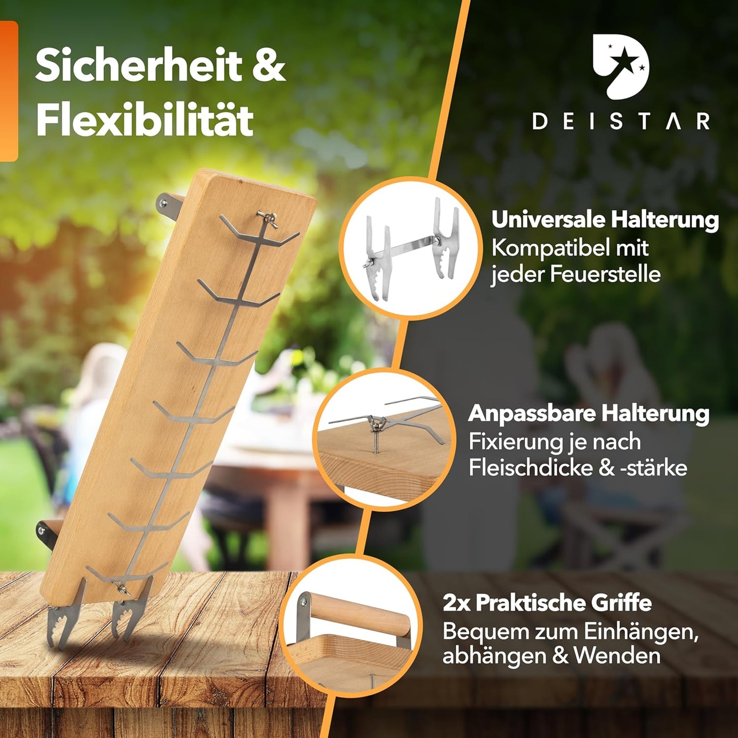 Flammlachsbrett mit Edelstahlhalterung