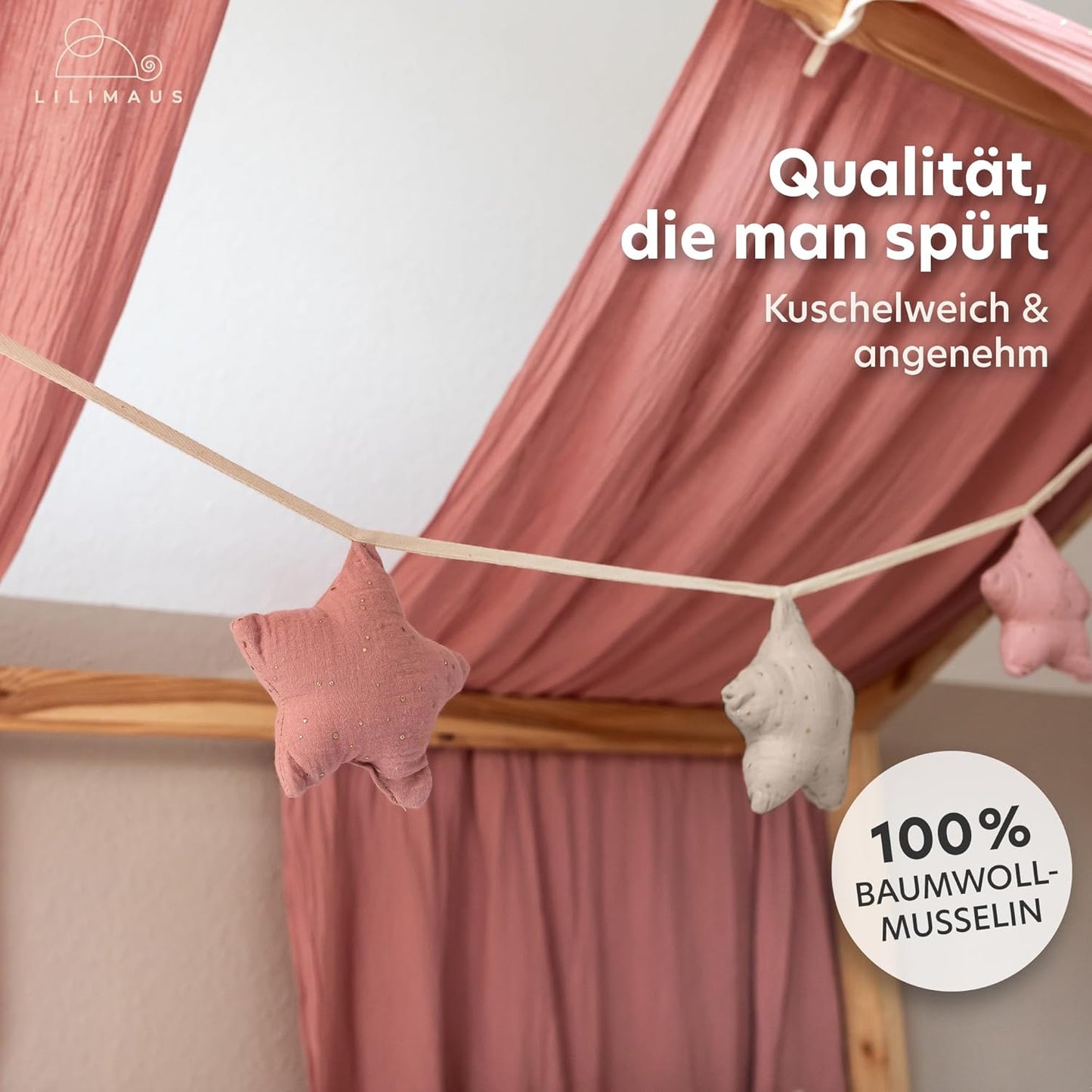 Sternen-Wimpelkette, Altrosa & Hellbeige Sterne mit Goldapplikation