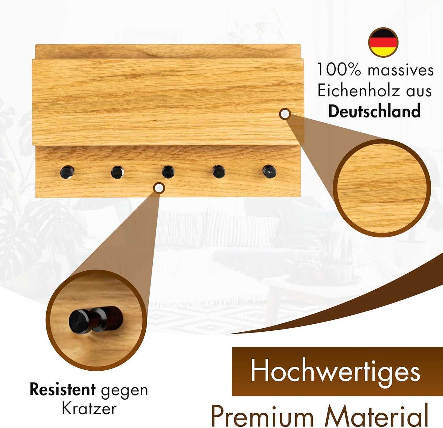 Schlüsselbrett mit Ablage, Eiche (schwarze Haken)