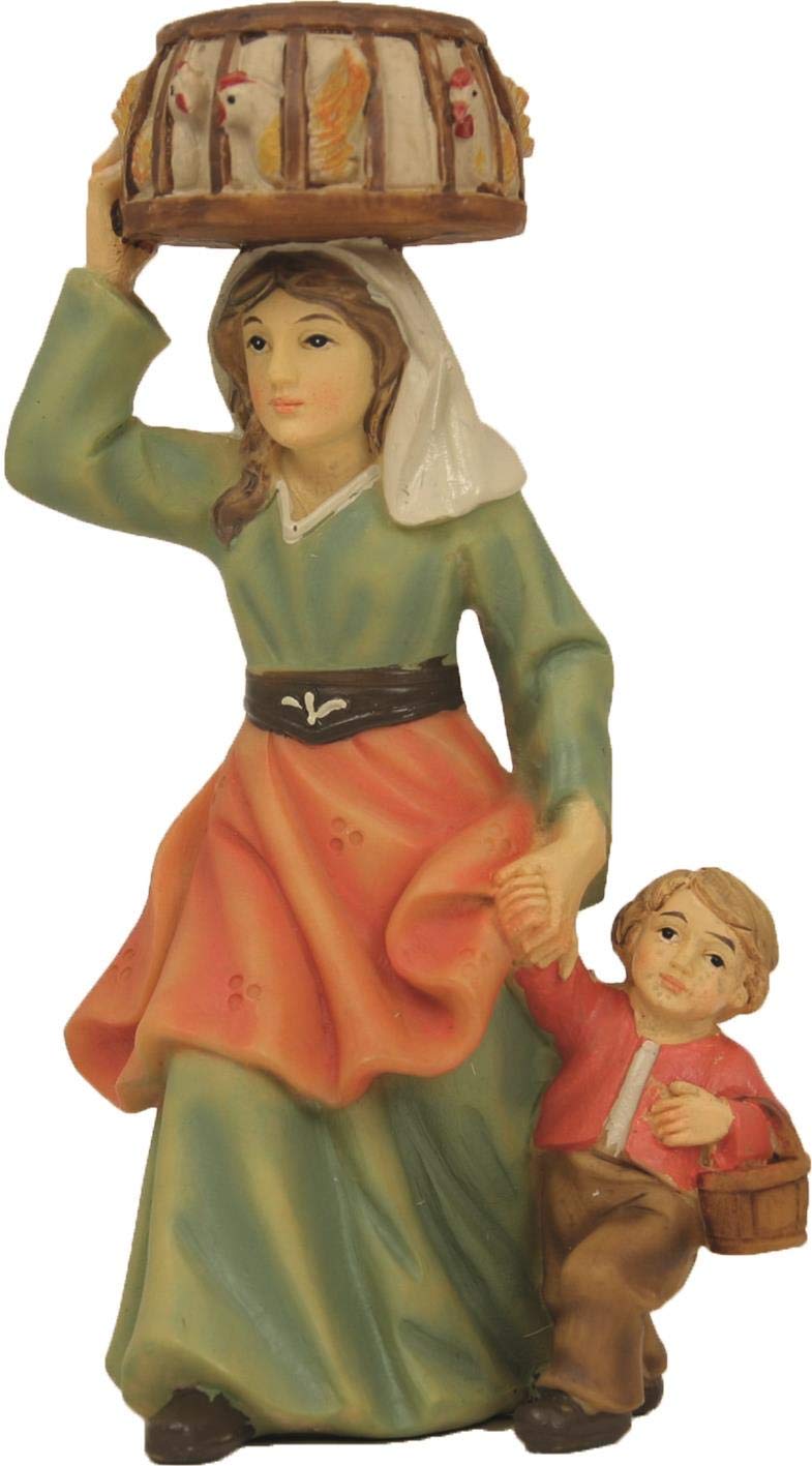 Krippenfigur Magd mit Kind und Hühnern